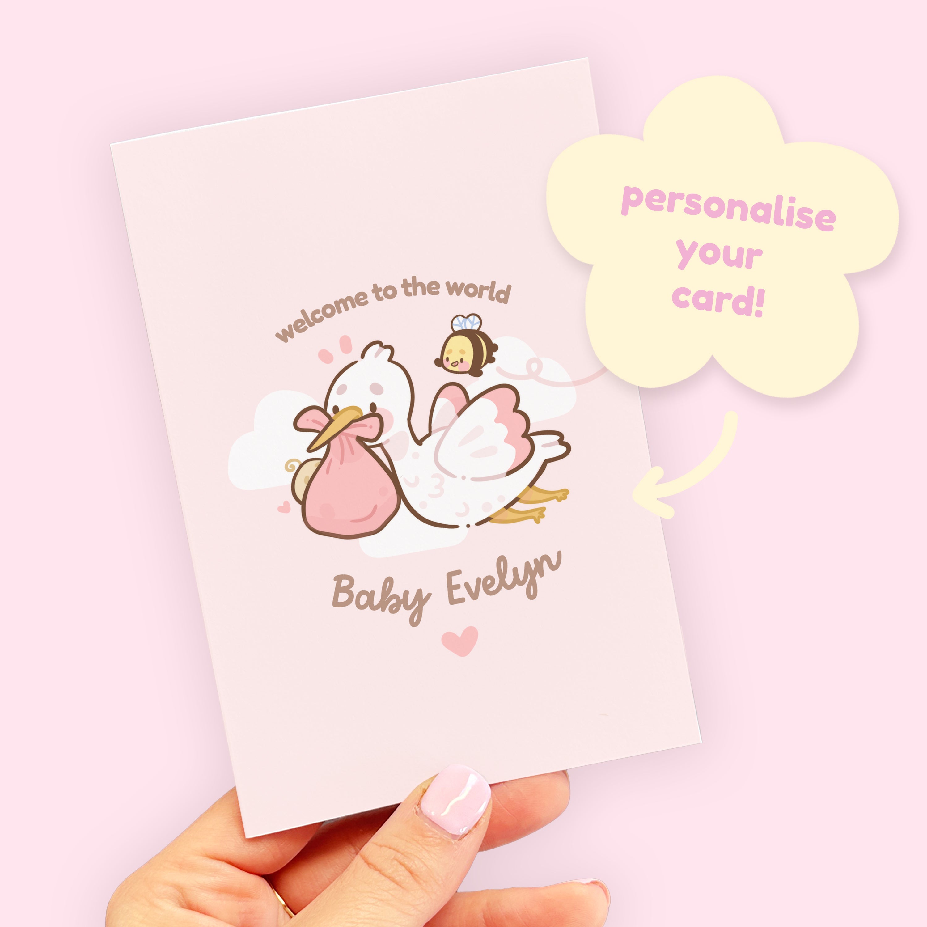 Personalised Baby Girl Shower Card with Stork & Bumblebutt | Kawaii Newborn Greeting | Custom Welcome Baby Card - Katnipp Studios