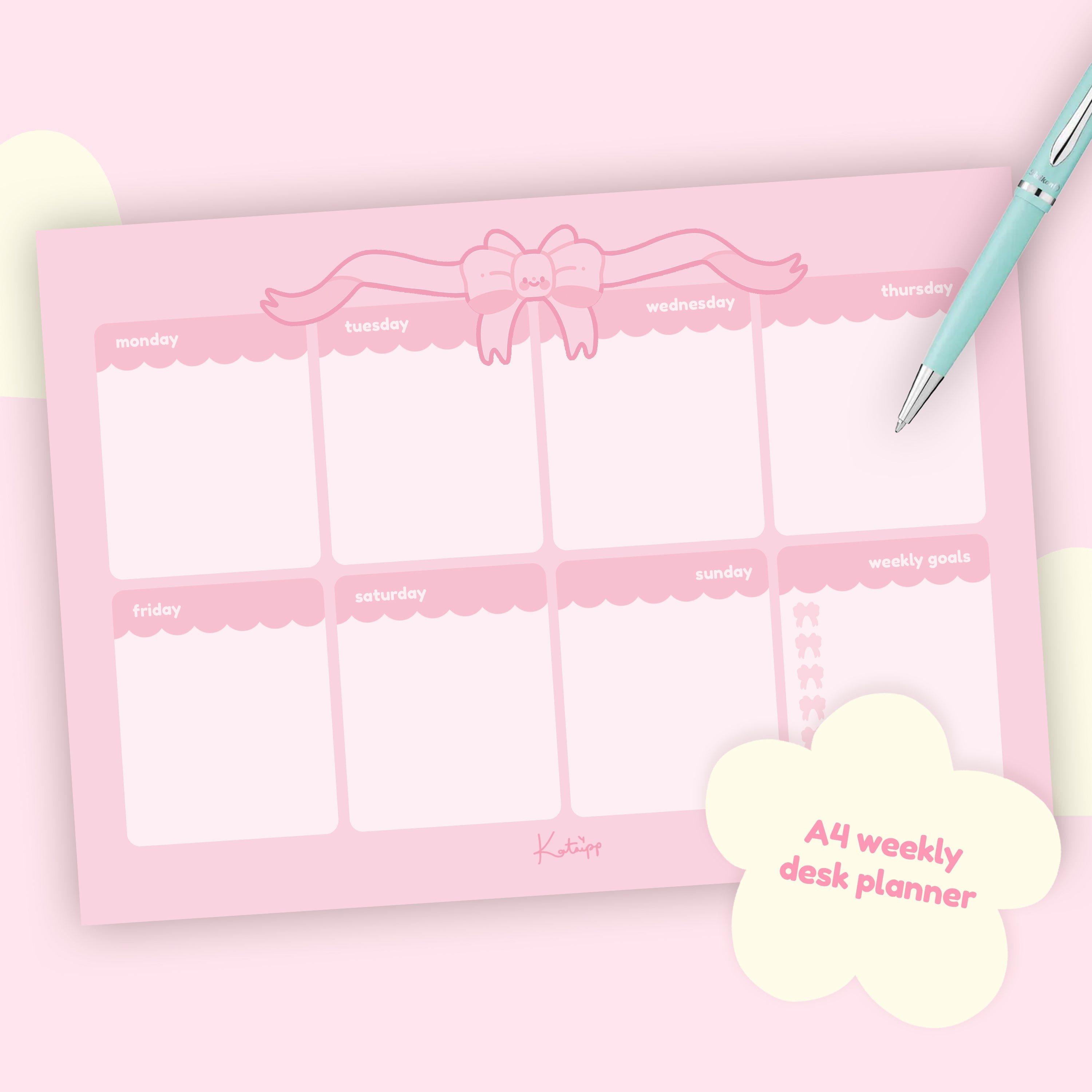 Pink Coquette Bow A4 Weekly Desk Planner | Kawaii Organiser Pad for Cute & Stylish Planning - Katnipp Studios