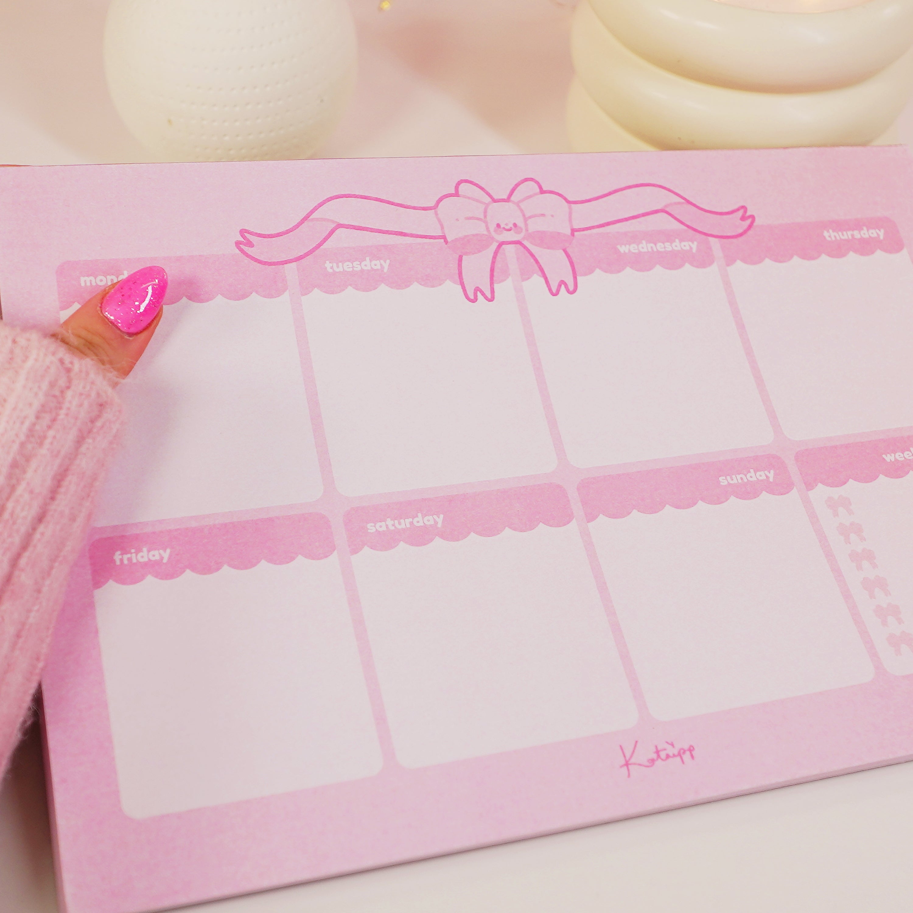 Pink Coquette Bow A4 Weekly Desk Planner | Kawaii Organiser Pad for Cute & Stylish Planning - Katnipp Studios