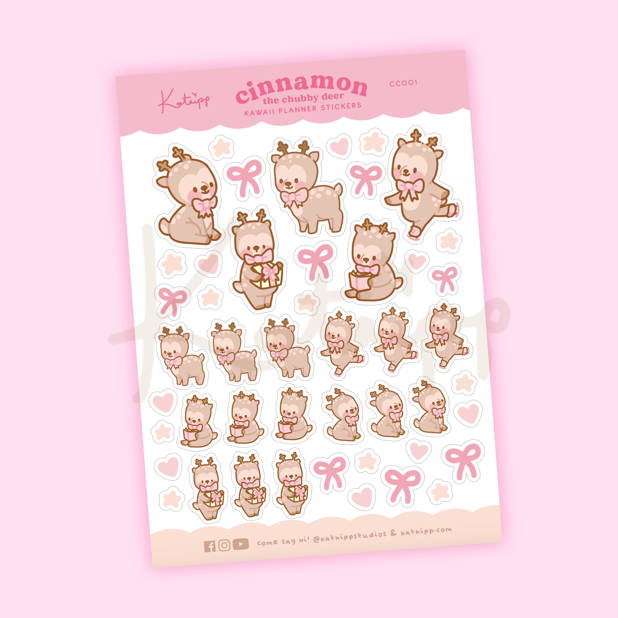 Pink Coquette Bow Christmas Sticker Sheet | Cinnamon the Chubby Reindeer Holiday Edition | CC001 - Katnipp Studios