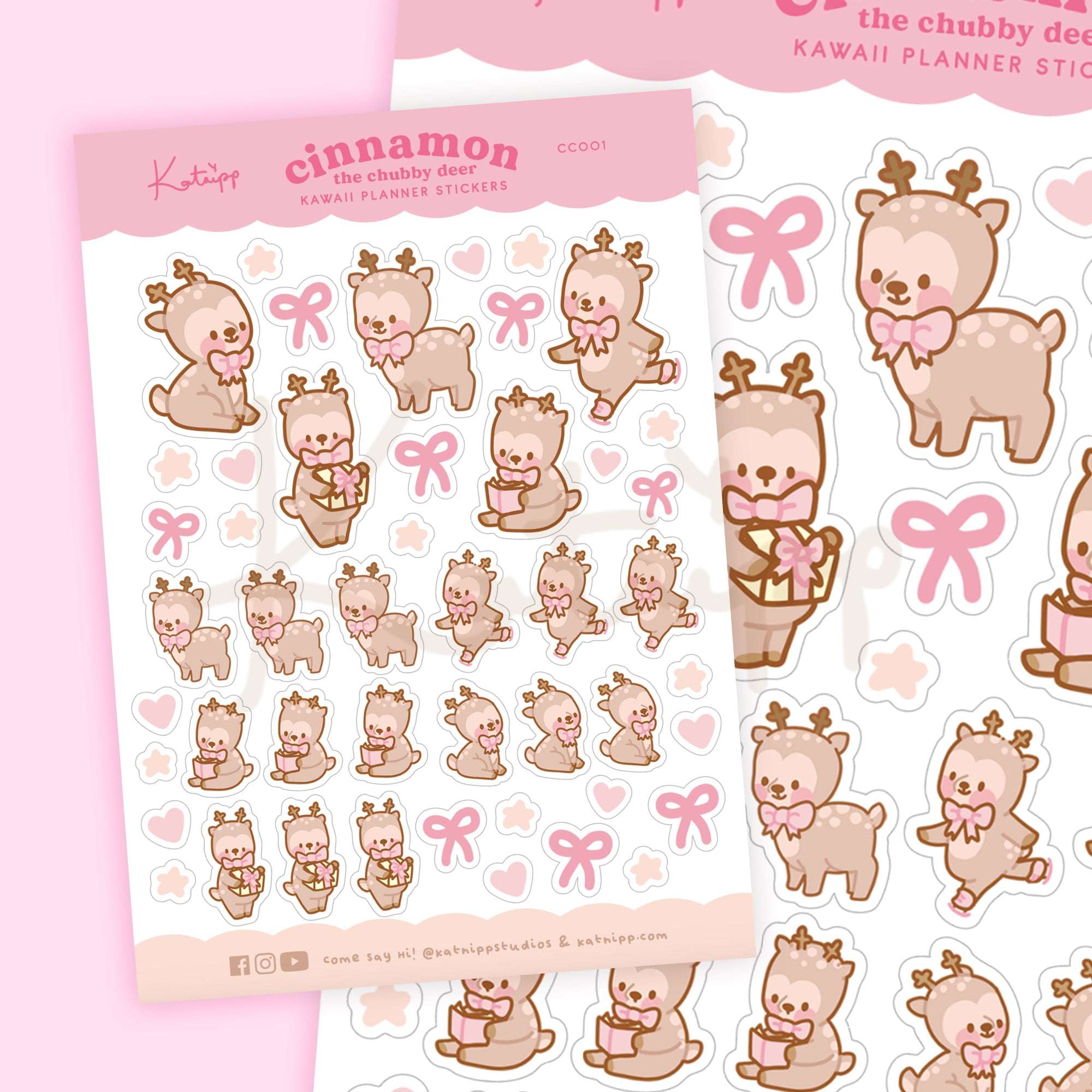 Pink Coquette Bow Christmas Sticker Sheet | Cinnamon the Chubby Reindeer Holiday Edition | CC001 - Katnipp Studios