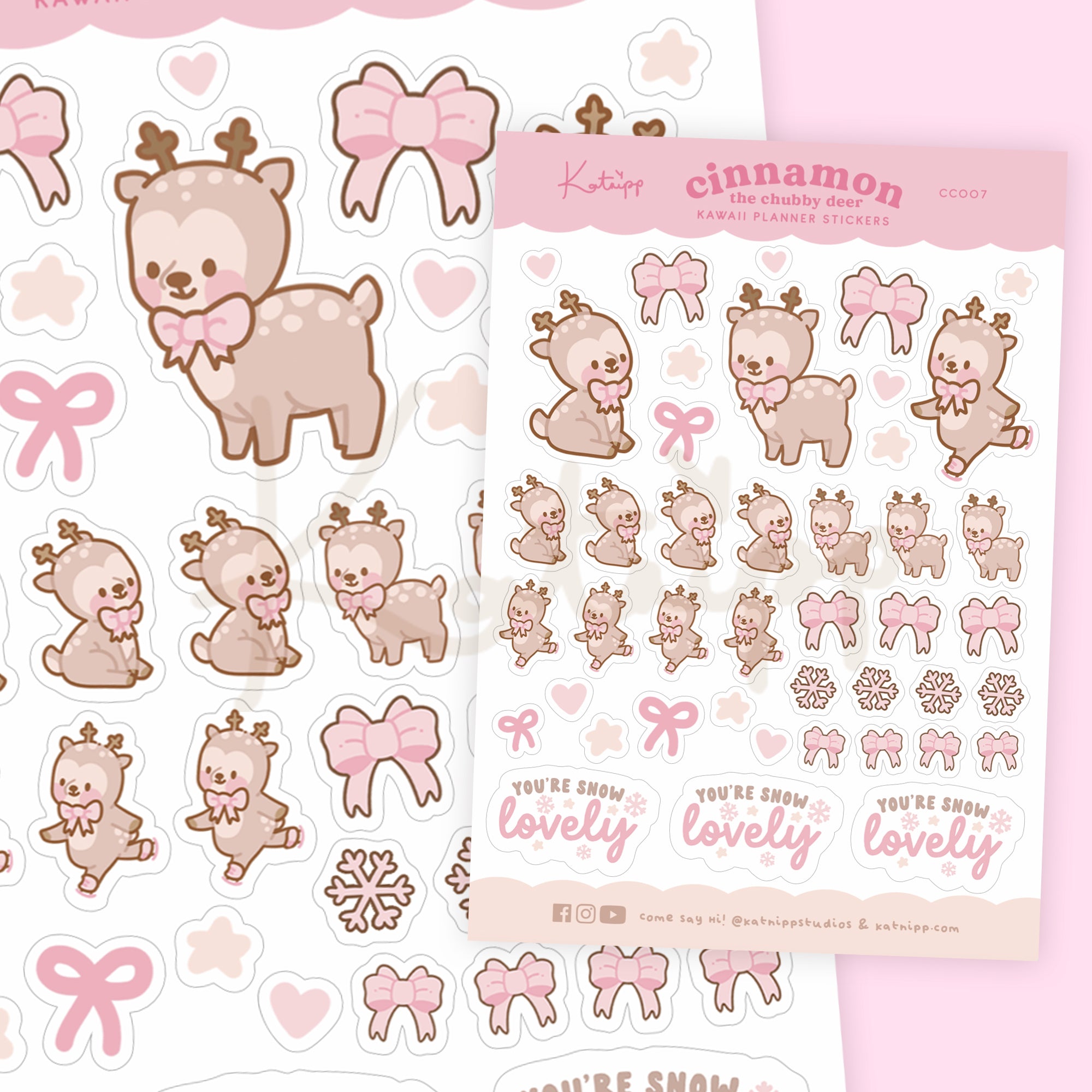 Pink Coquette Bow Cinnamon the Chubby Reindeer Sticker Sheet | Kawaii Winter Stickers | CC007 - Katnipp Studios