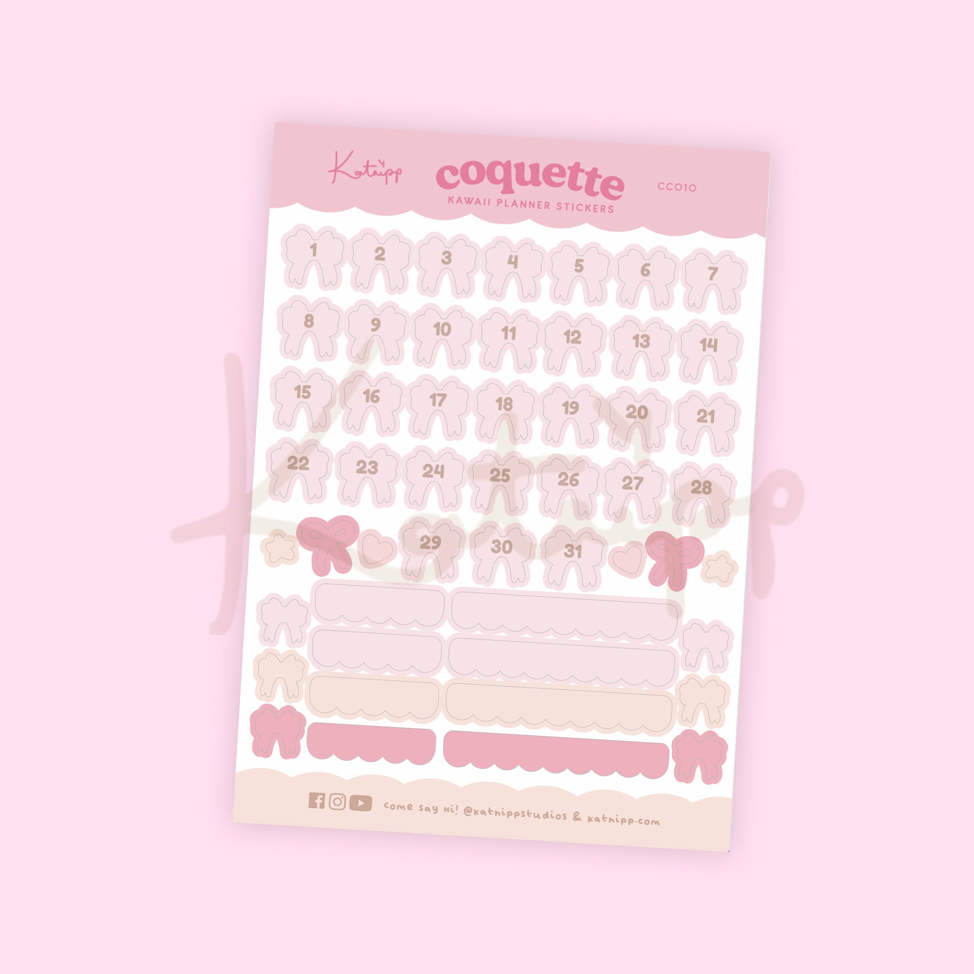 Pink Coquette Bow Daily Number Stickers | Kawaii Pink Bow Date Stickers 1-31 | CC010 - Katnipp Studios