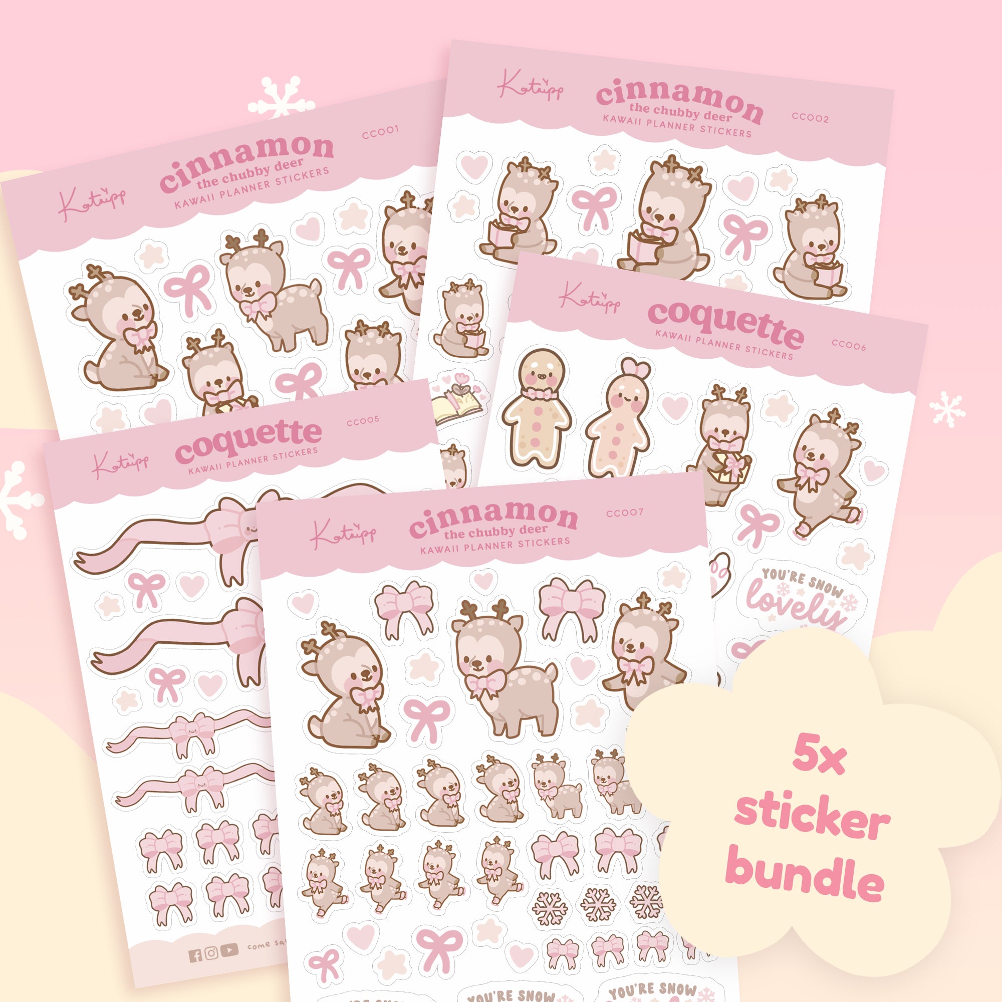 Pink Coquette Bow Kawaii Sticker Bundle | Festive & Bookish Charm with Cinnamon Reindeer - Katnipp Studios