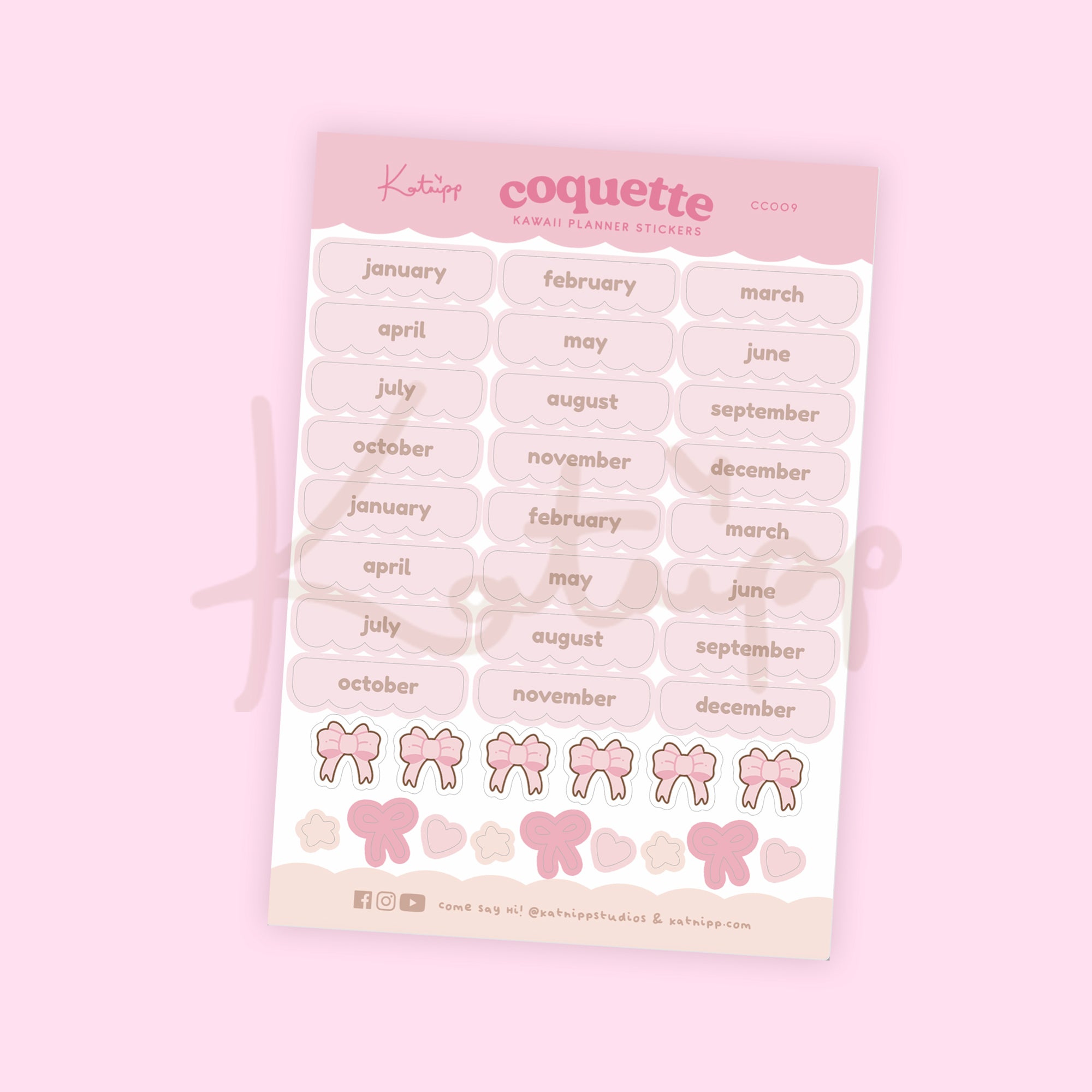 Pink Coquette Bow Monthly Planner Stickers | Kawaii Yearly Organiser Stickers | CC009 - Katnipp Studios