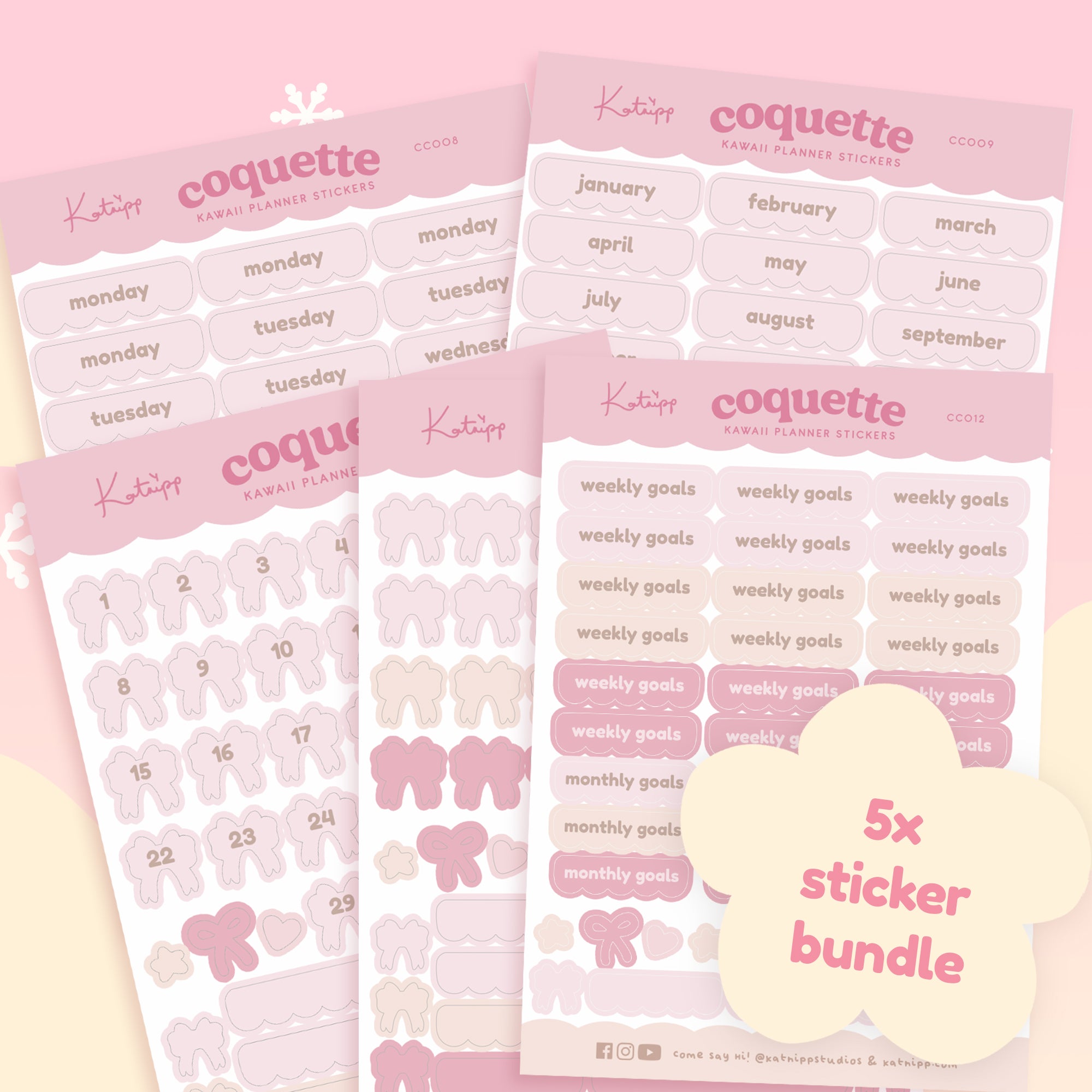 Pink Coquette Bow Planner Sticker Bundle | Kawaii Organisational Stickers for Daily, Weekly & Monthly Planning - Katnipp Studios