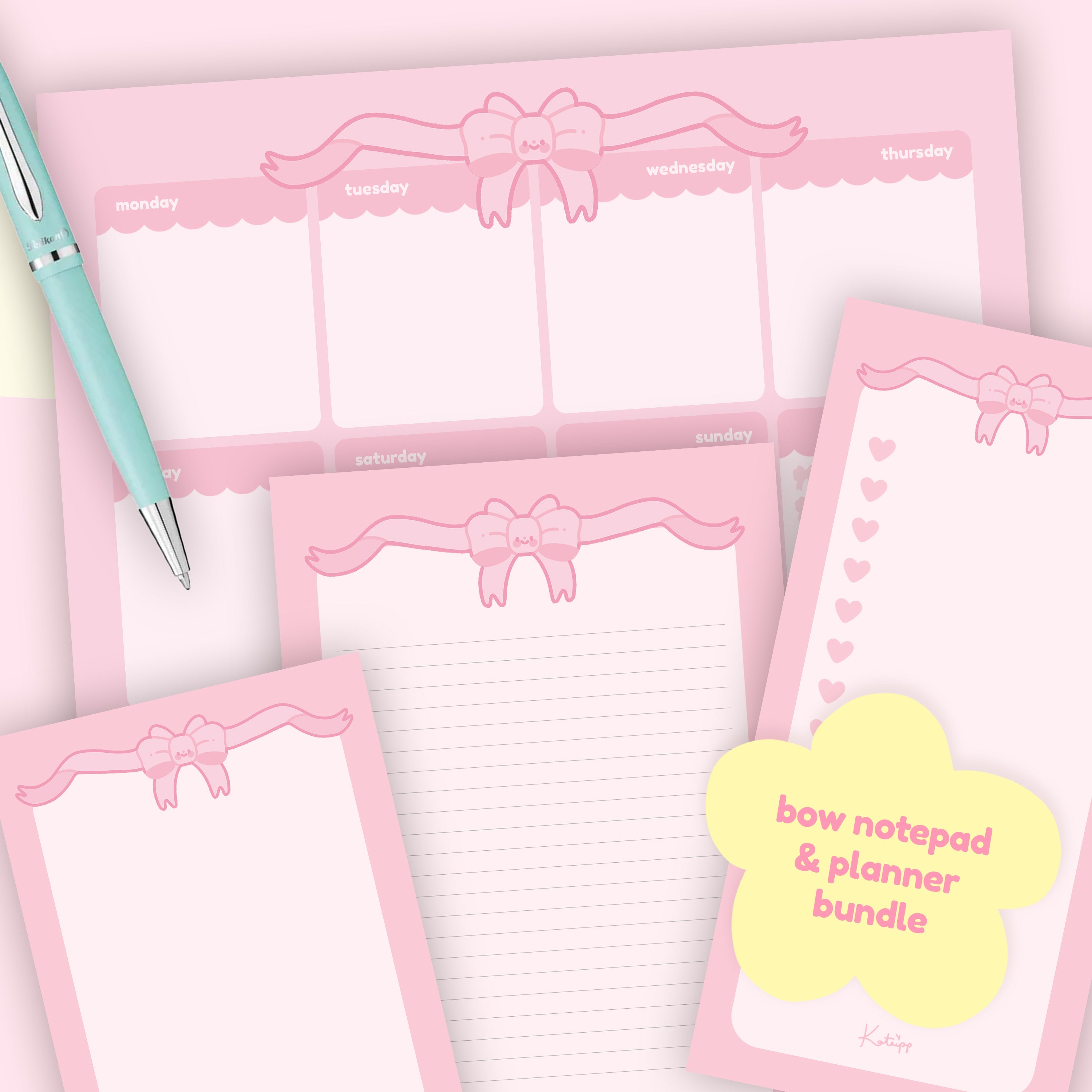 Pink Coquette Bow Stationery Bundle | Kawaii Notepads & Planner Set for Cute Organisation - Katnipp Studios