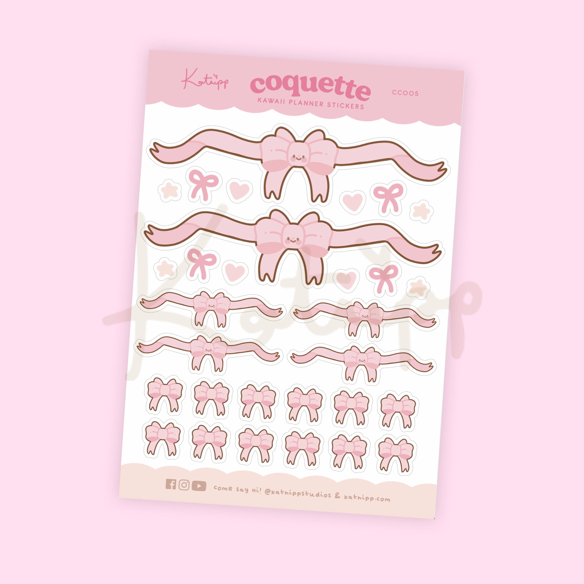 Pink Coquette Bow Sticker Sheet | Kawaii Pink Bow Stickers in Various Sizes | CC005 - Katnipp Studios