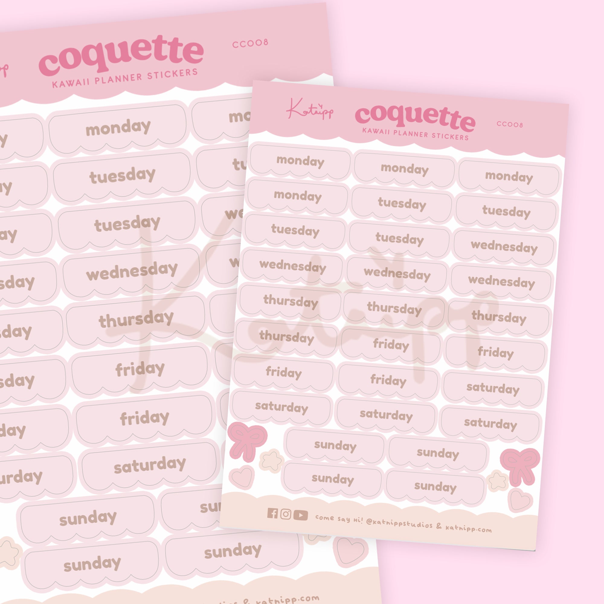 Pink Coquette Bow Weekday Planner Stickers | Kawaii Organisational Stickers | CC008 - Katnipp Studios