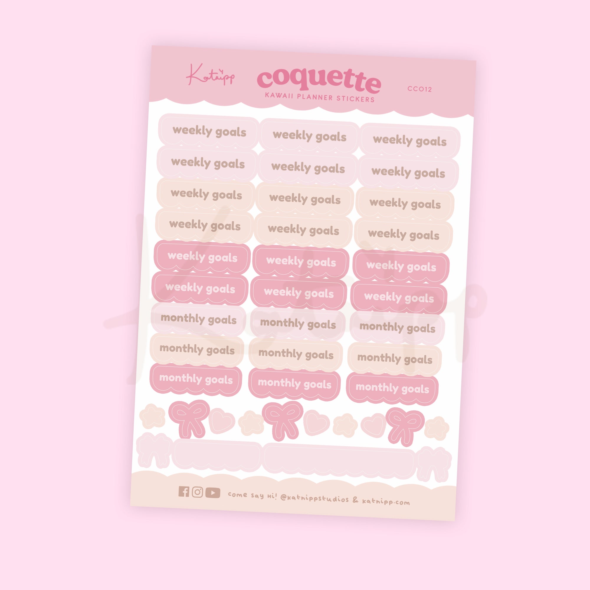 Pink Coquette Bow Weekly & Monthly Goals Sticker Sheet | Kawaii Pastel Planner Stickers | CC012 - Katnipp Studios