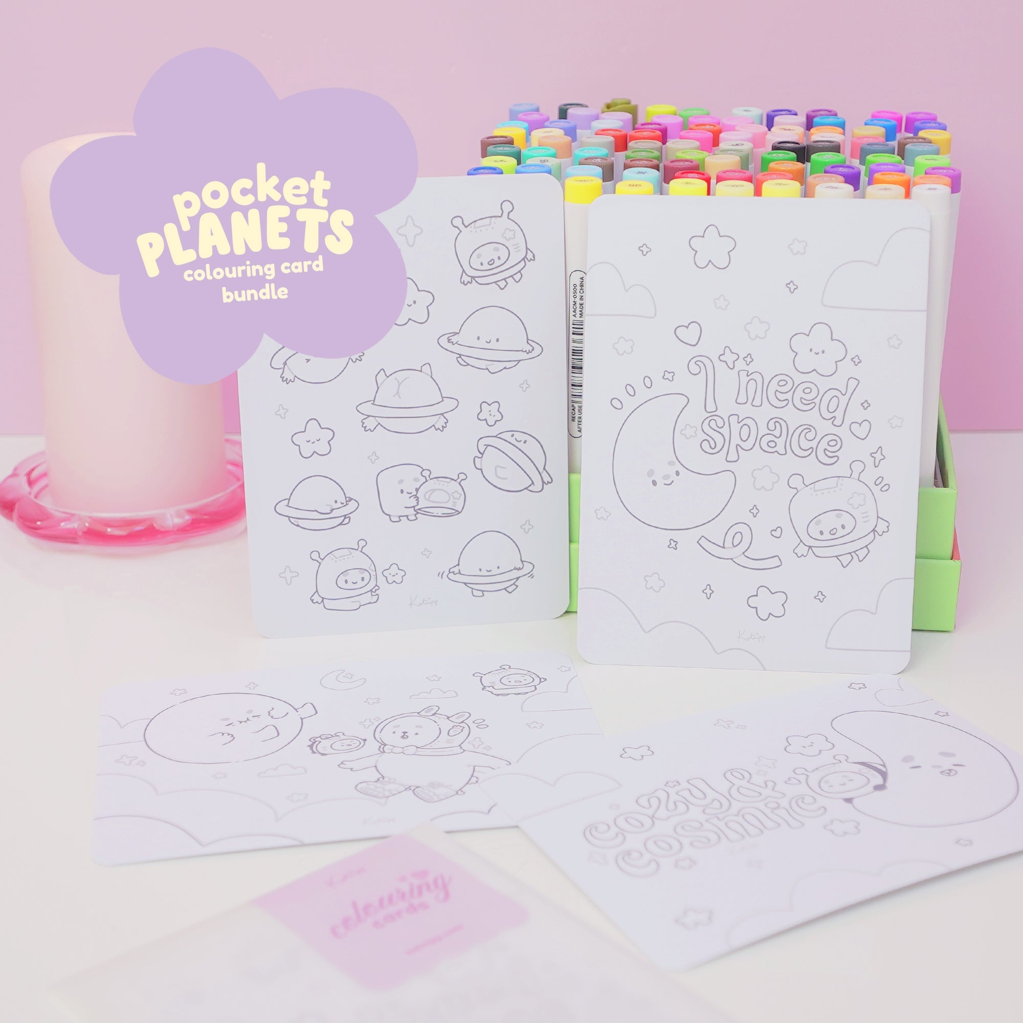 Pocket Planets A6 Colouring Postcard Bundle | Set of 4 Cute Kawaii Space Colour In Cards Katnipp character product