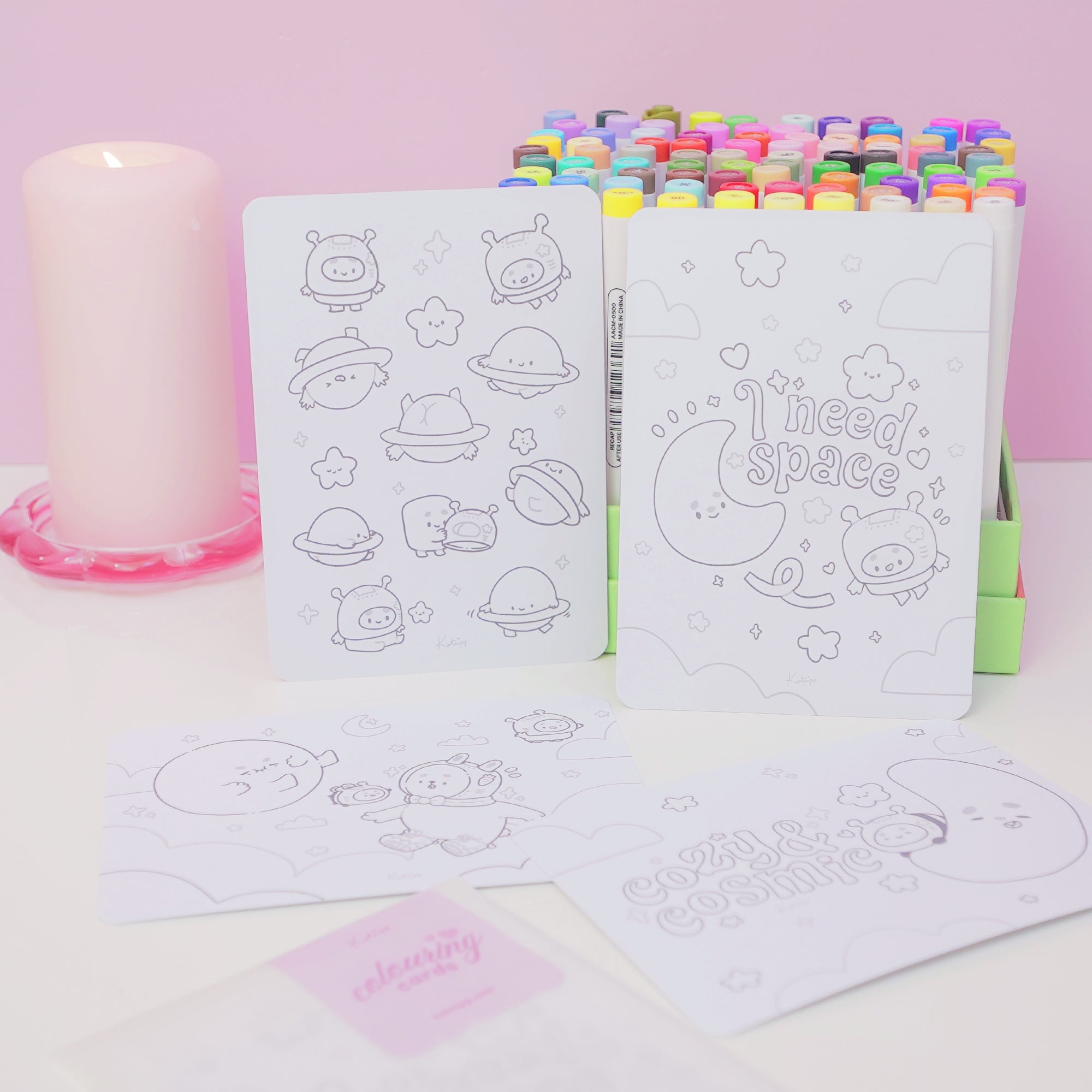 Pocket Planets A6 Colouring Postcard Bundle | Set of 4 Cute Kawaii Space Colour In Cards Katnipp character product
