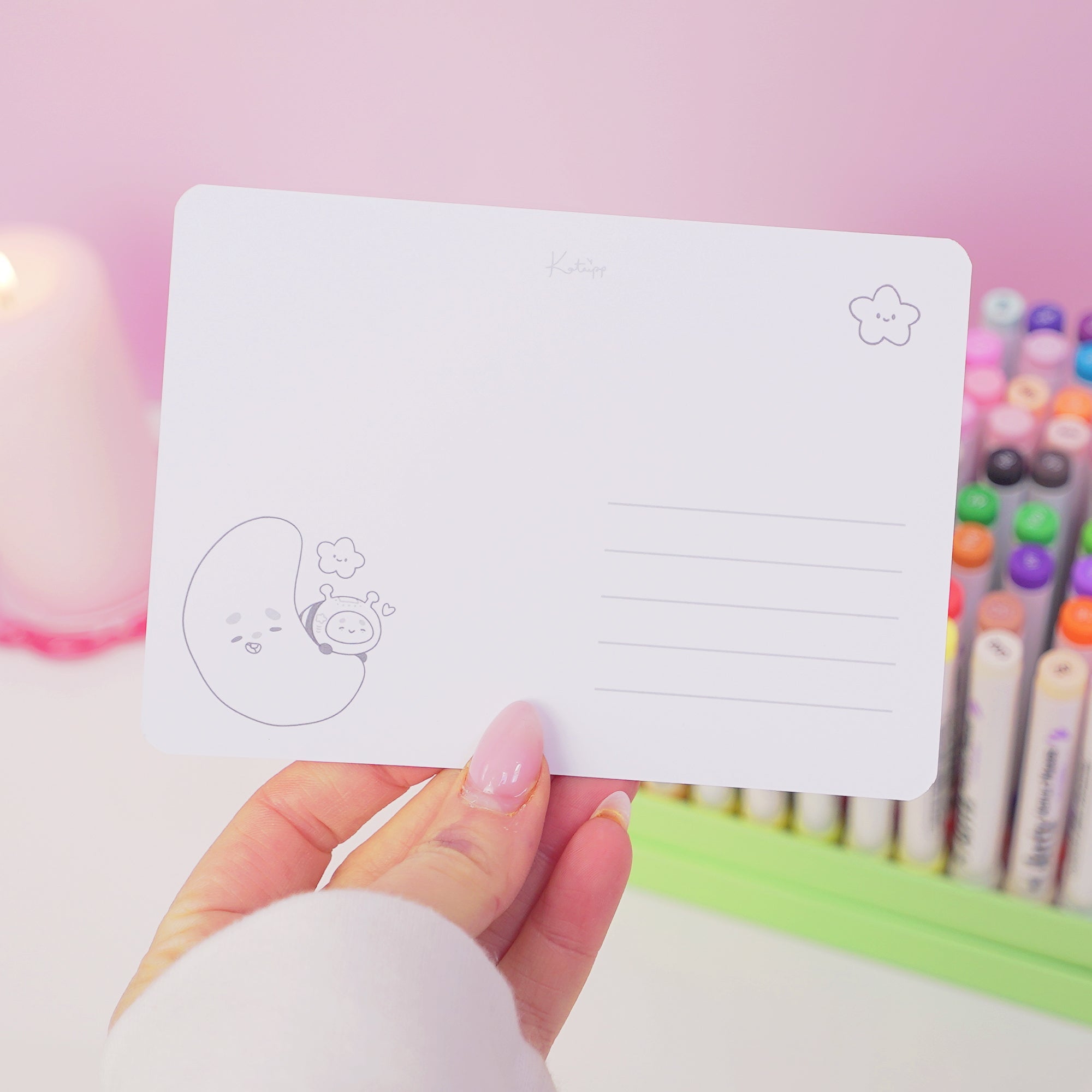 Pocket Planets Cozy & Cosmic A6 Colouring Postcard | Luna & Sprinkle Space Colour In Card Katnipp character product