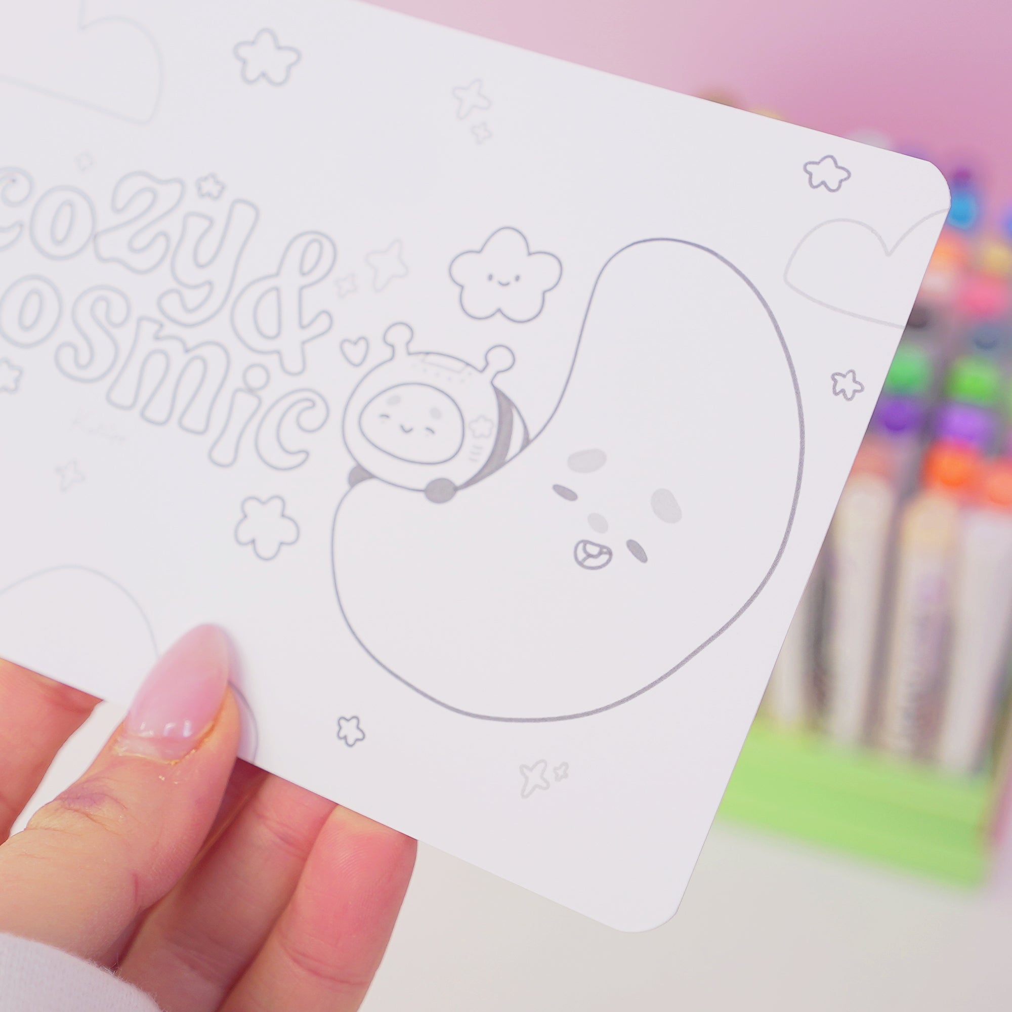Pocket Planets Cozy & Cosmic A6 Colouring Postcard | Luna & Sprinkle Space Colour In Card Katnipp character product