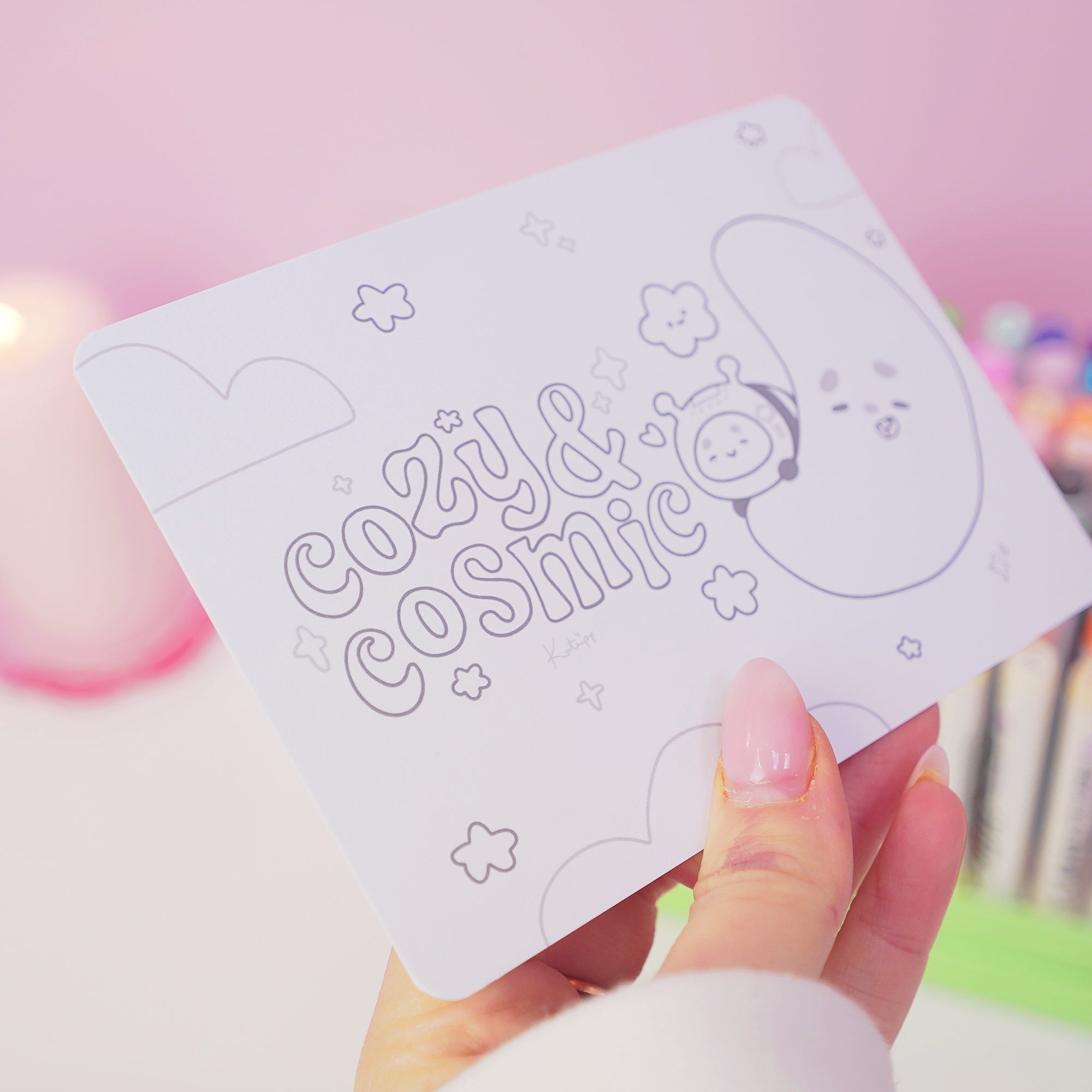 Pocket Planets Cozy & Cosmic A6 Colouring Postcard | Luna & Sprinkle Space Colour In Card Katnipp character product