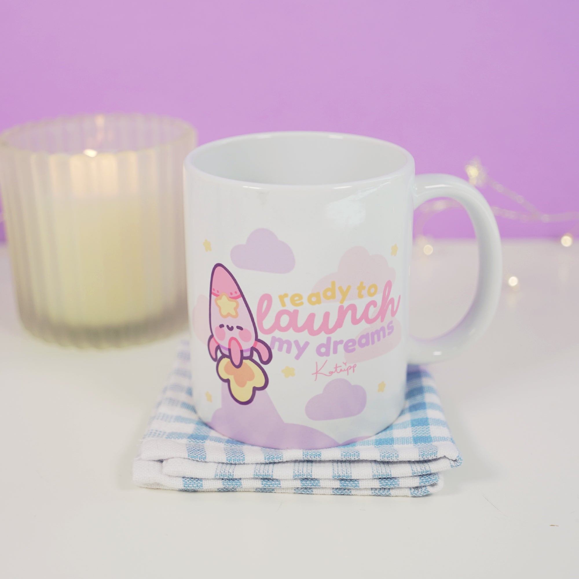 Pocket Planets: Rocketto ロケット the Kawaii Rocket Ceramic Mug - "Ready to Launch My Dreams" - Katnipp Studios