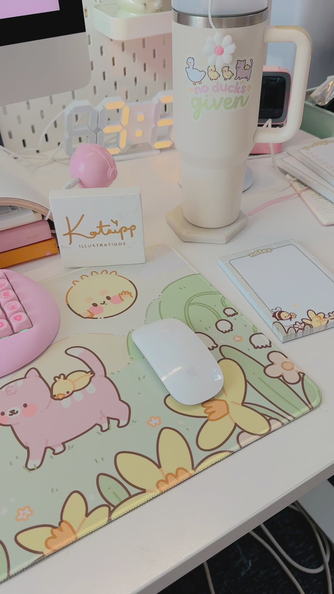 Spring Cottagecore Desk Mat | Satsuma Cat & Ducklings | Kawaii Gaming Mouse Pad | Pastel Aesthetic Desk Decor