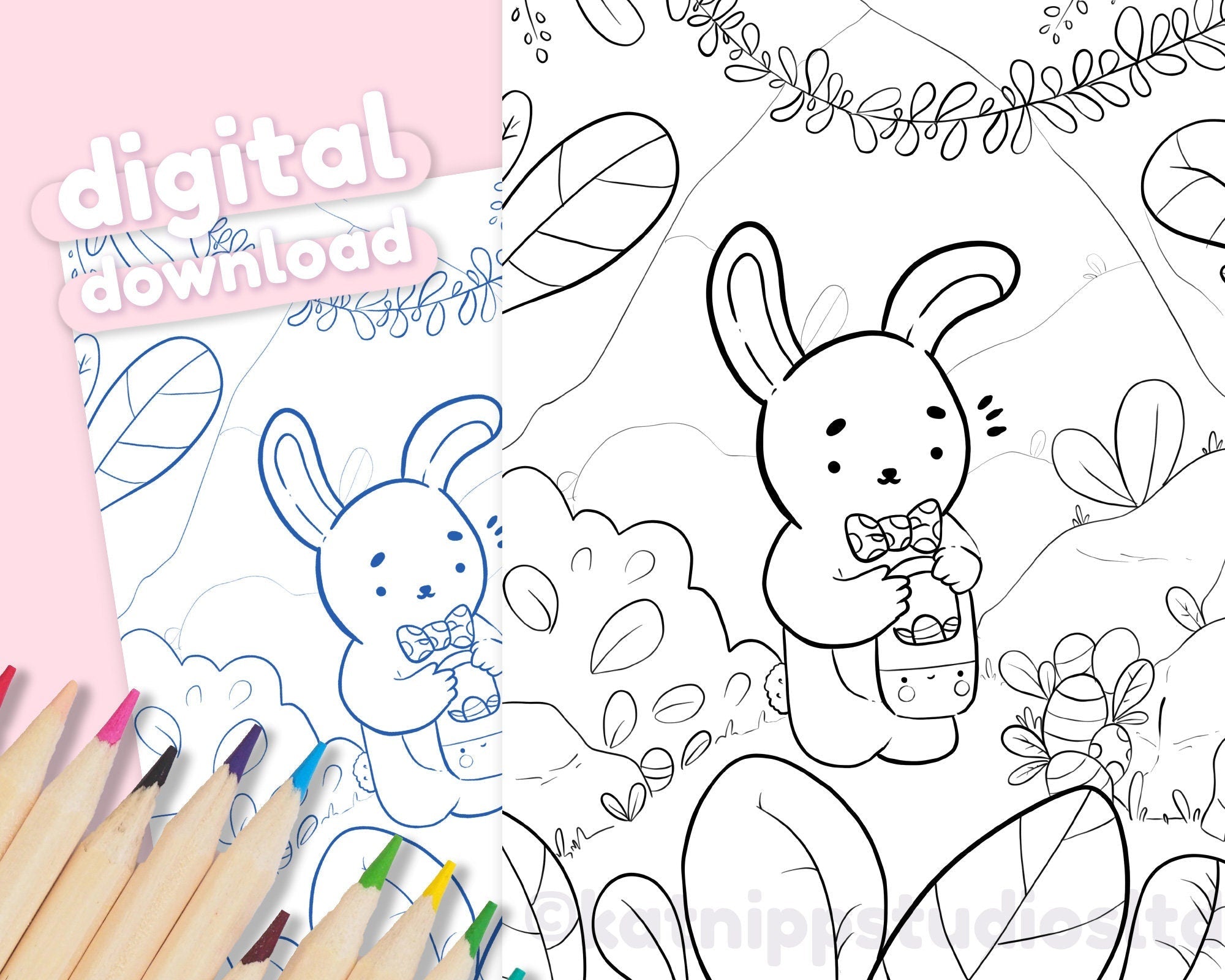 Printable Easter Bunny Colouring Page - Digital Download, Easter Themed Colouring Sheet, Katnipp Art Character product