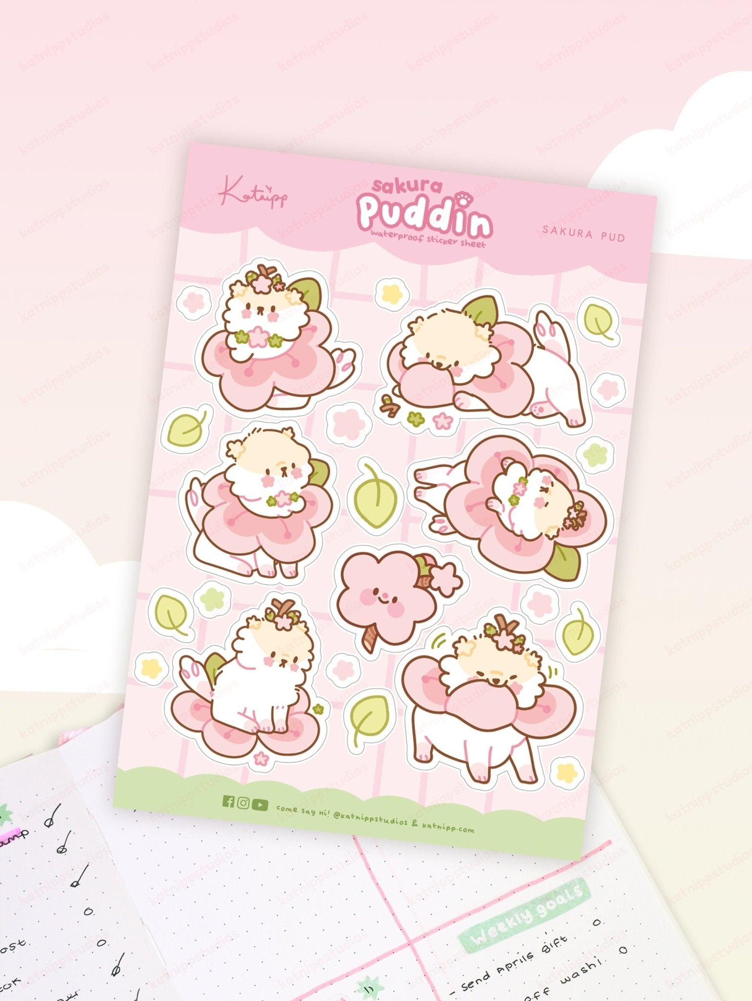 Puddin A5 Sakura Waterproof Sticker Sheet - Adorable Dog Design Katnipp character product
