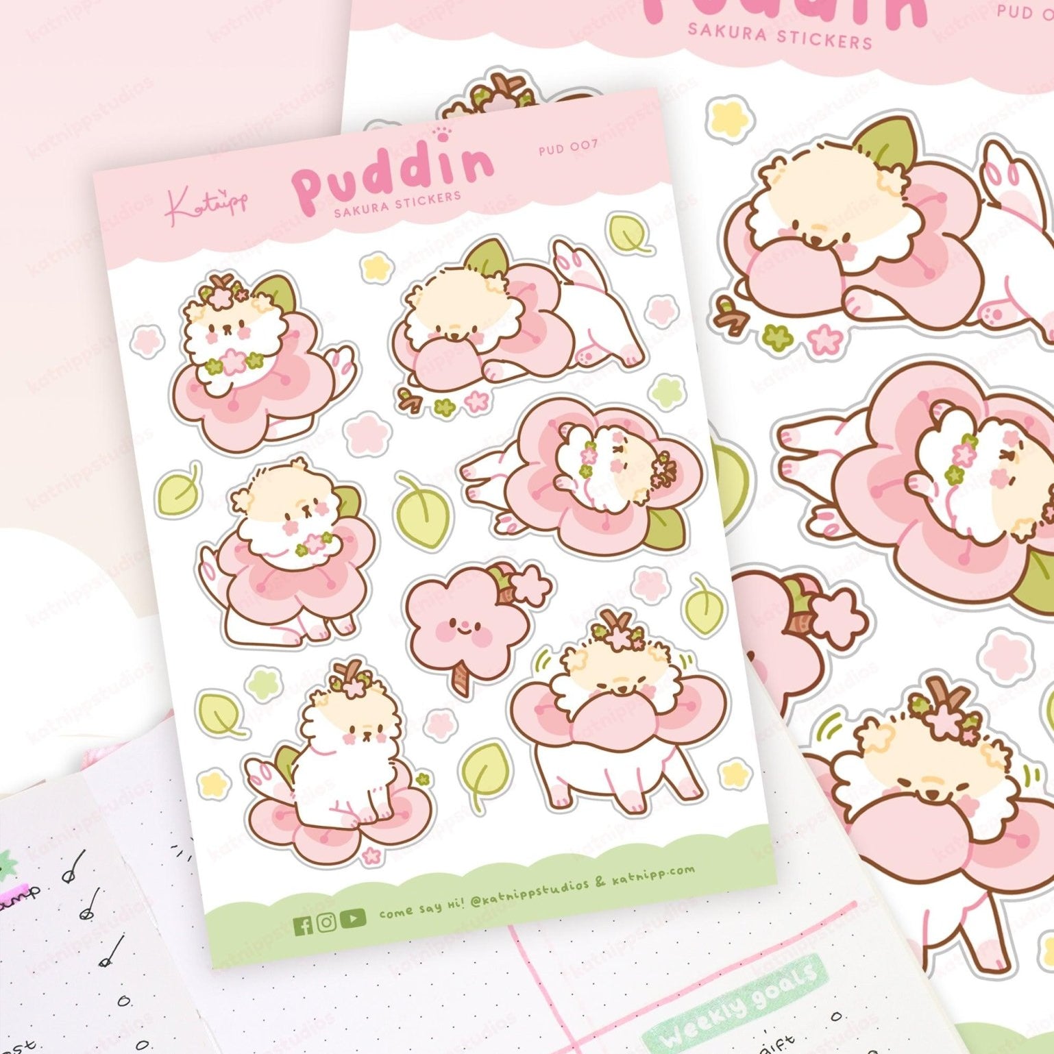 Puddin Sakura A6 Planner Sticker Sheet | Cute Kawaii Dog & Cherry Blossom Stickers | PUD007 Katnipp character product
