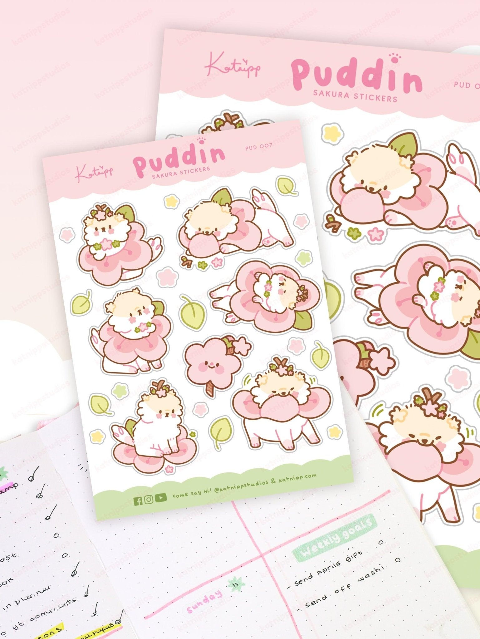 Puddin Sakura A6 Planner Sticker Sheet | Cute Kawaii Dog & Cherry Blossom Stickers | PUD007 Katnipp character product