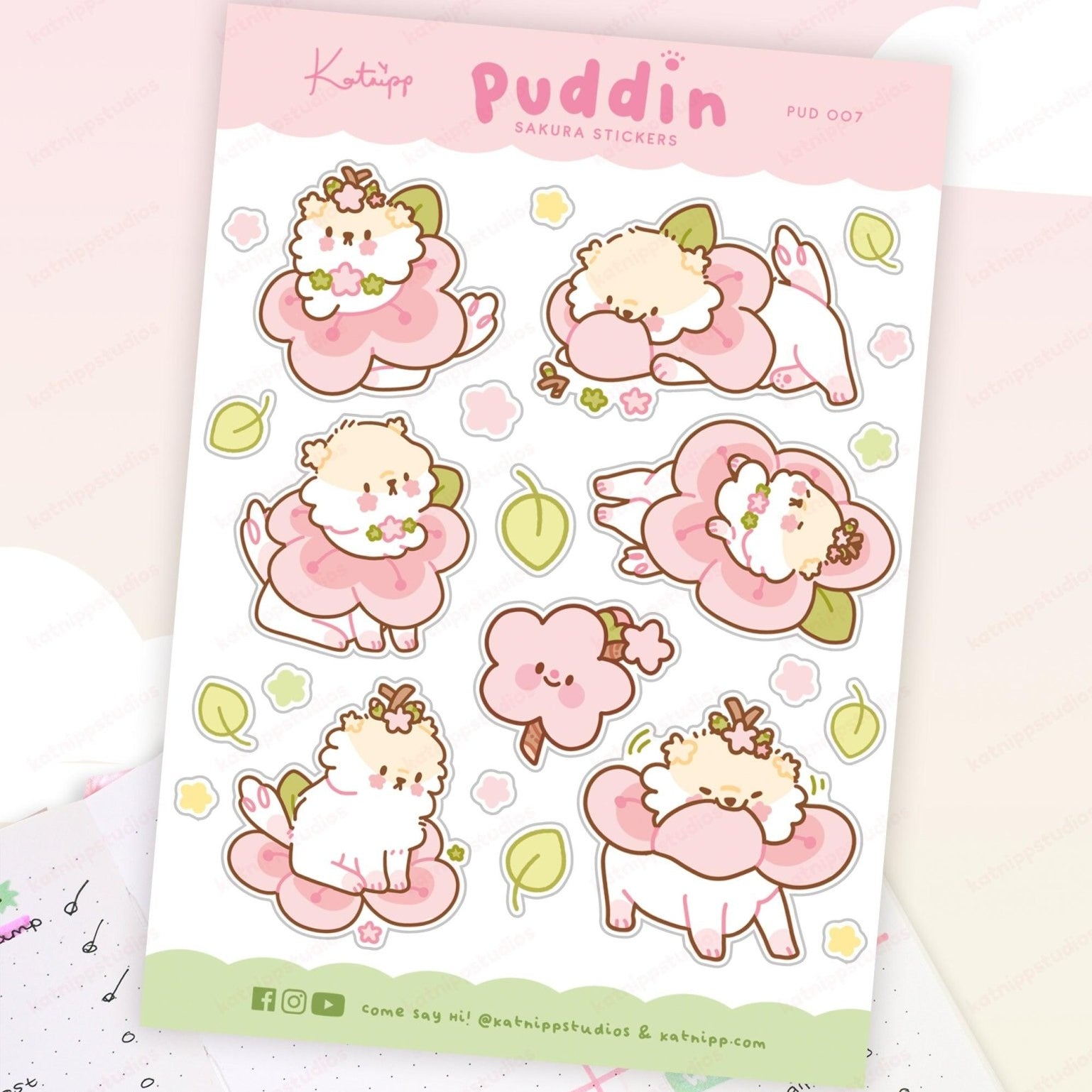 Puddin Sakura A6 Planner Sticker Sheet | Cute Kawaii Dog & Cherry Blossom Stickers | PUD007 Katnipp character product