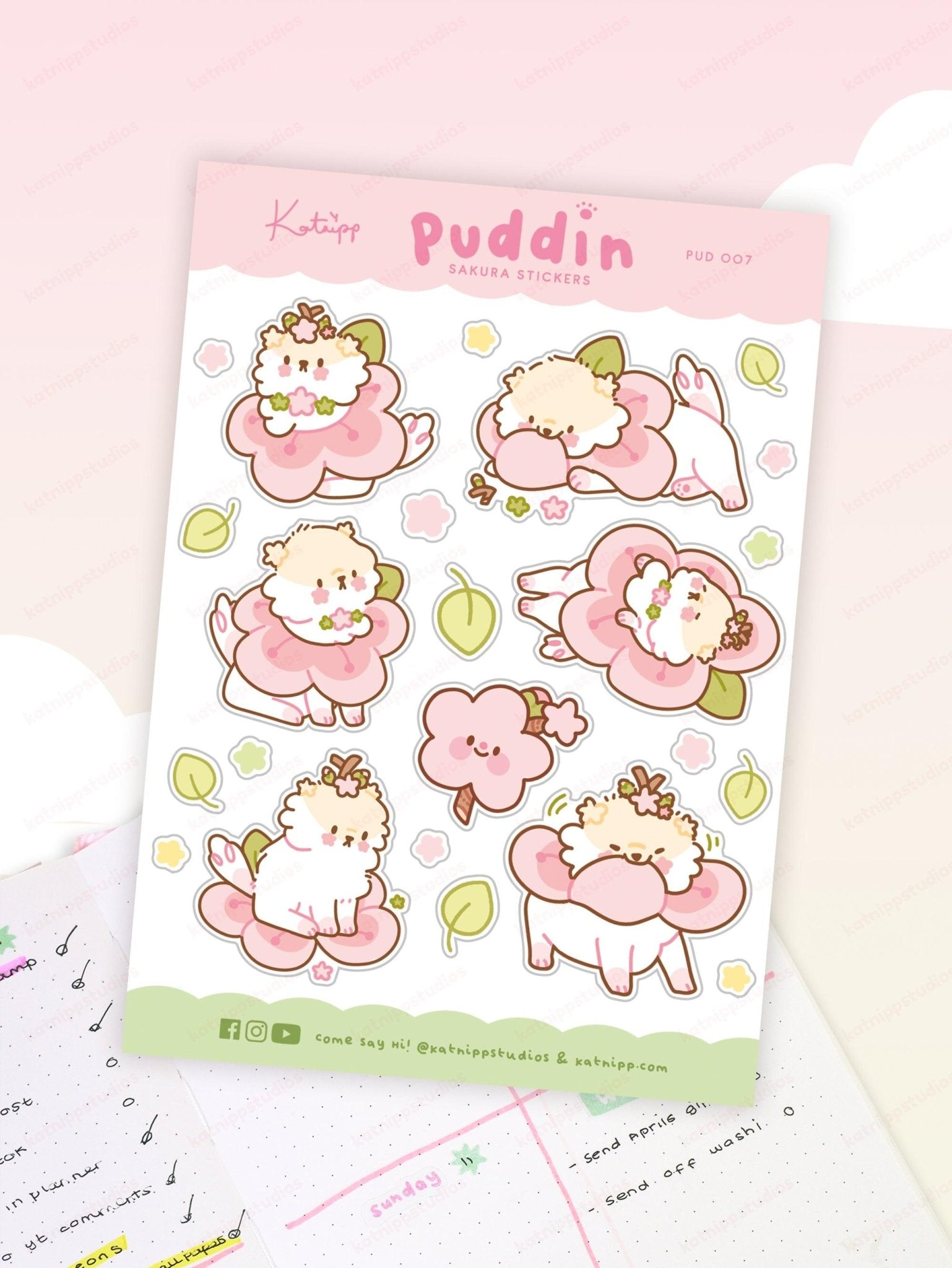 Puddin Sakura A6 Planner Sticker Sheet | Cute Kawaii Dog & Cherry Blossom Stickers | PUD007 Katnipp character product