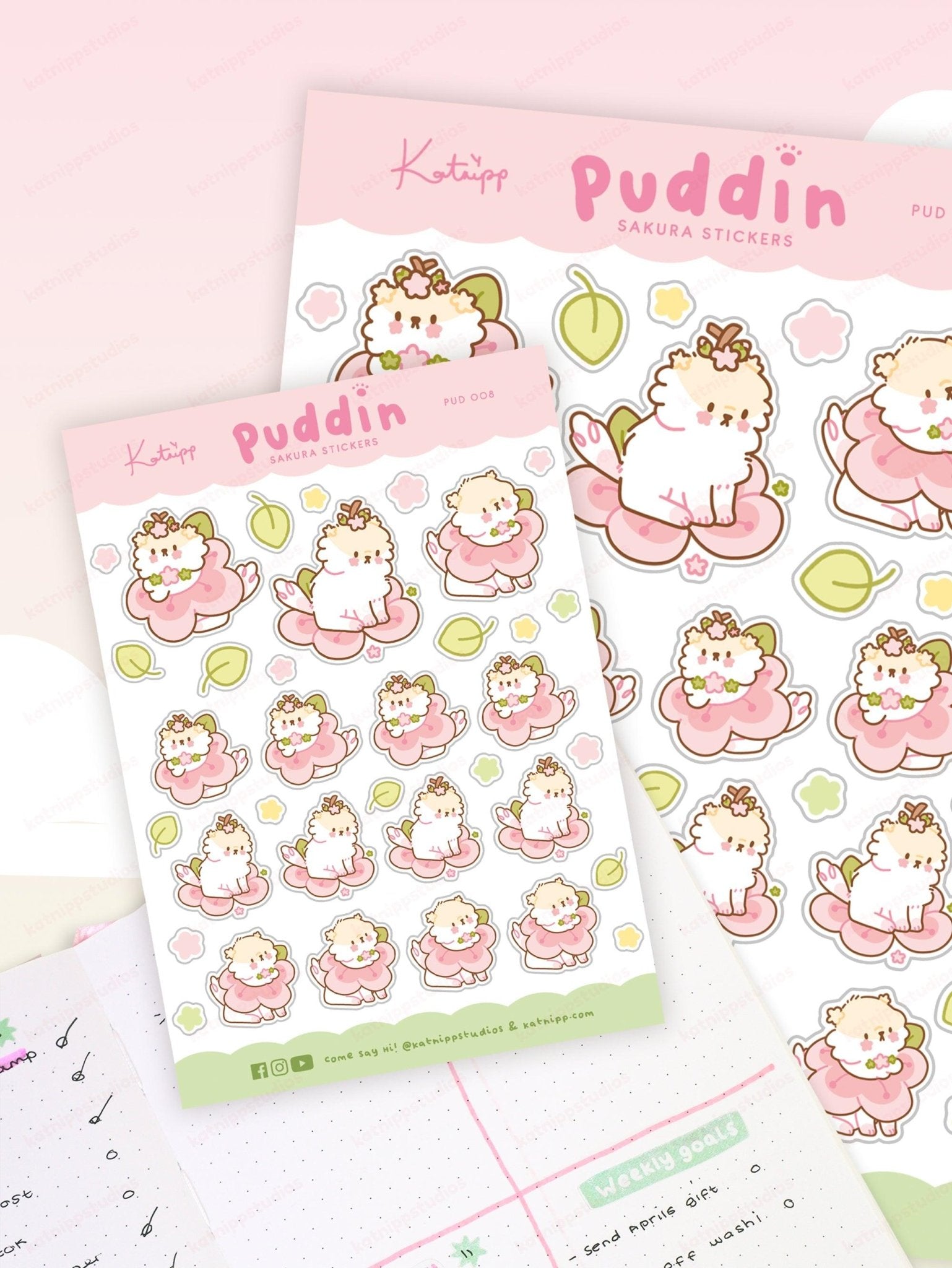 Puddin Sakura A6 Planner Sticker Sheet | Cute Kawaii Dog Journal Stickers | PUD008 Katnipp character product