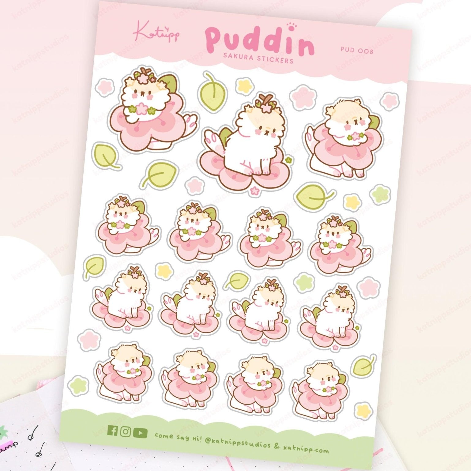 Puddin Sakura A6 Planner Sticker Sheet | Cute Kawaii Dog Journal Stickers | PUD008 Katnipp character product