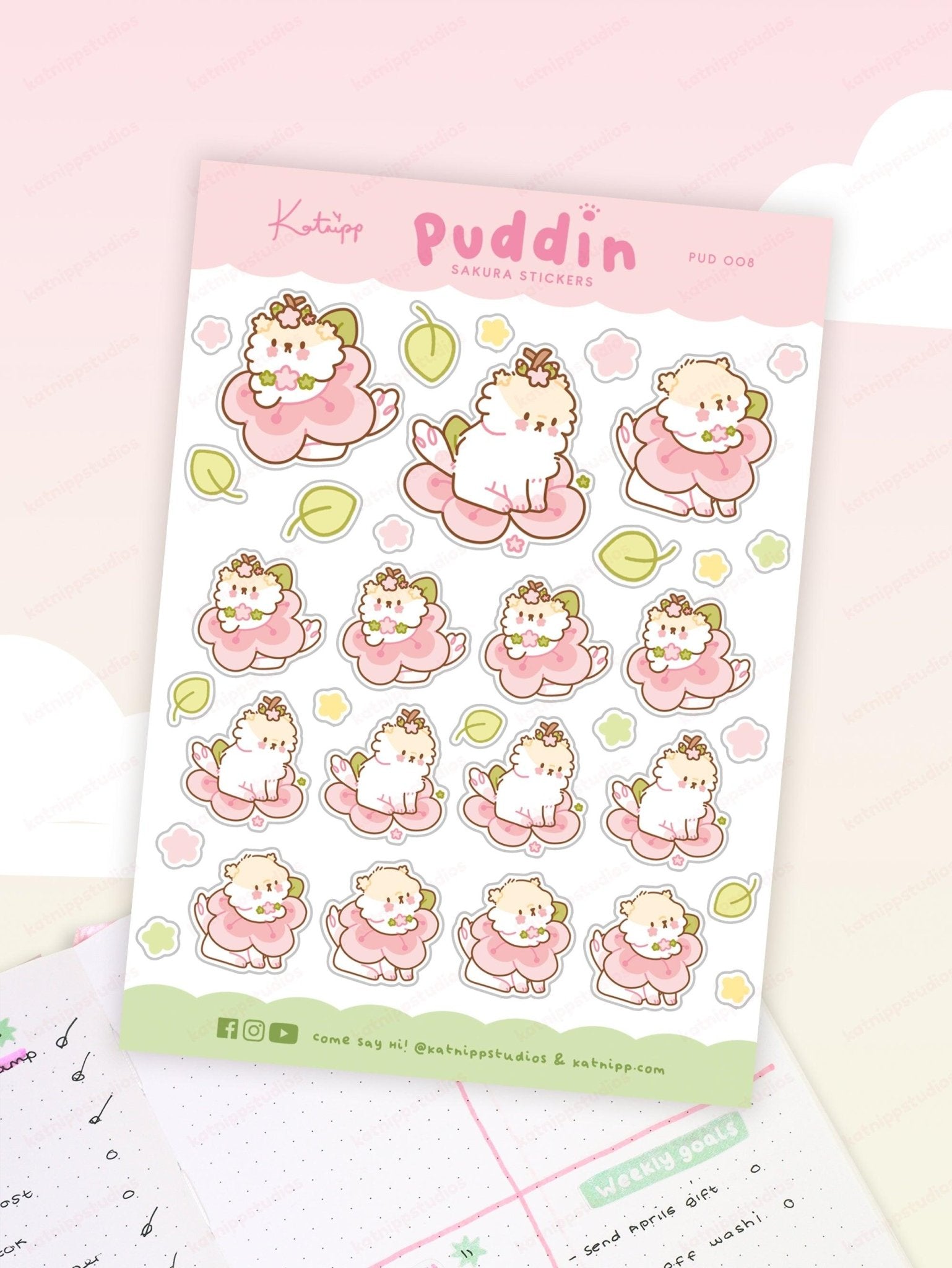 Puddin Sakura A6 Planner Sticker Sheet | Cute Kawaii Dog Journal Stickers | PUD008 Katnipp character product