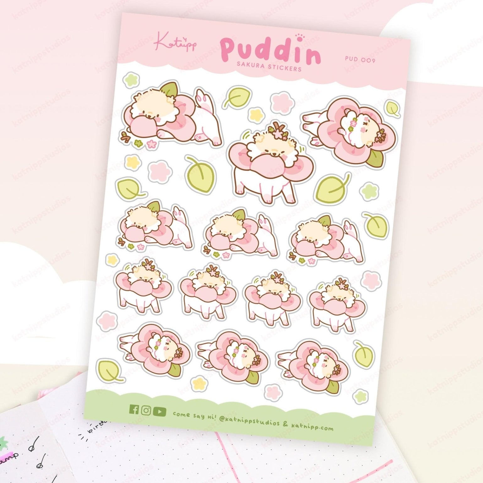 Puddin Sakura A6 Planner Sticker Sheet | Cute Kawaii Dog Journal Stickers | PUD009 Katnipp character product