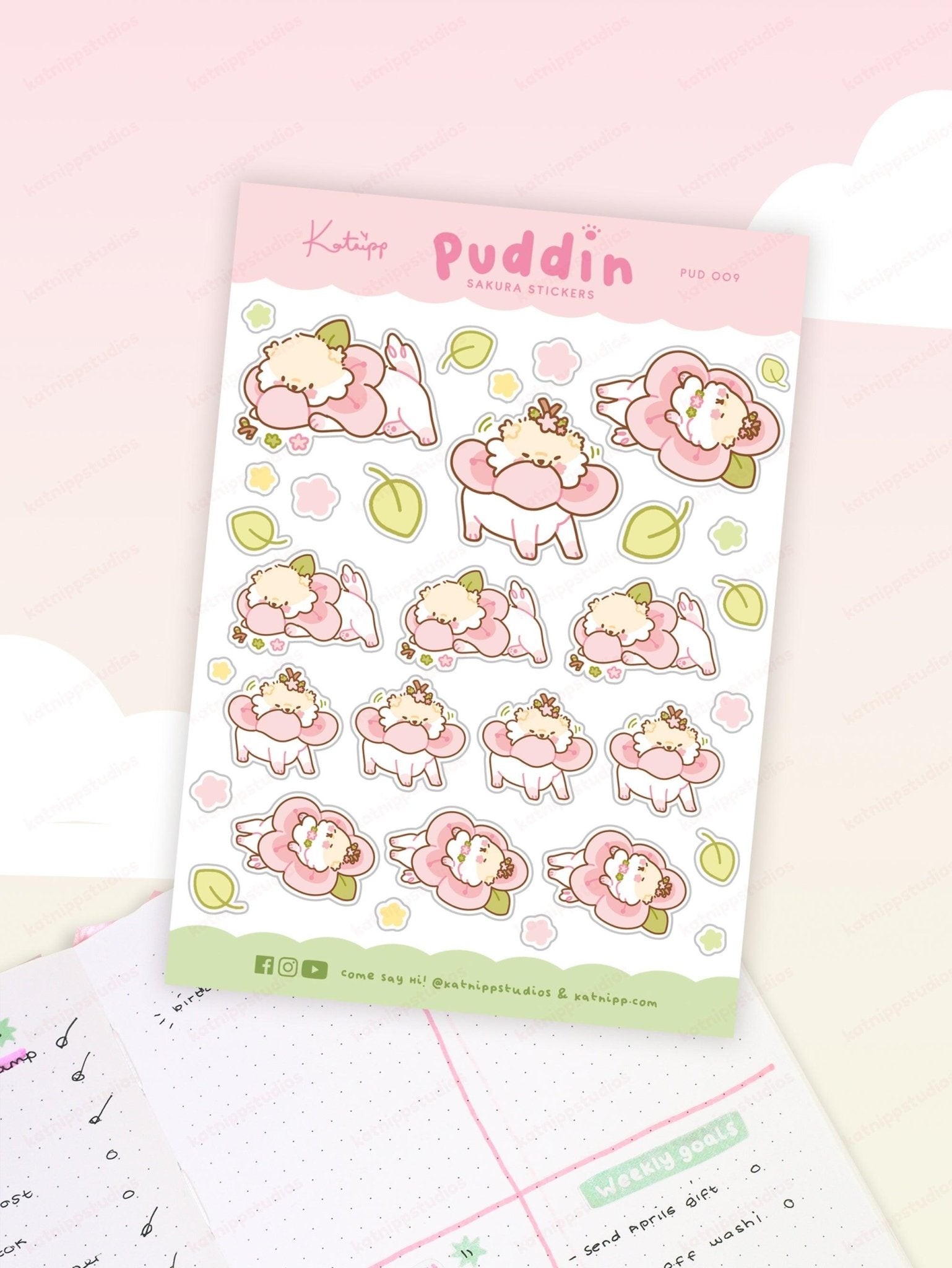 Puddin Sakura A6 Planner Sticker Sheet | Cute Kawaii Dog Journal Stickers | PUD009 Katnipp character product