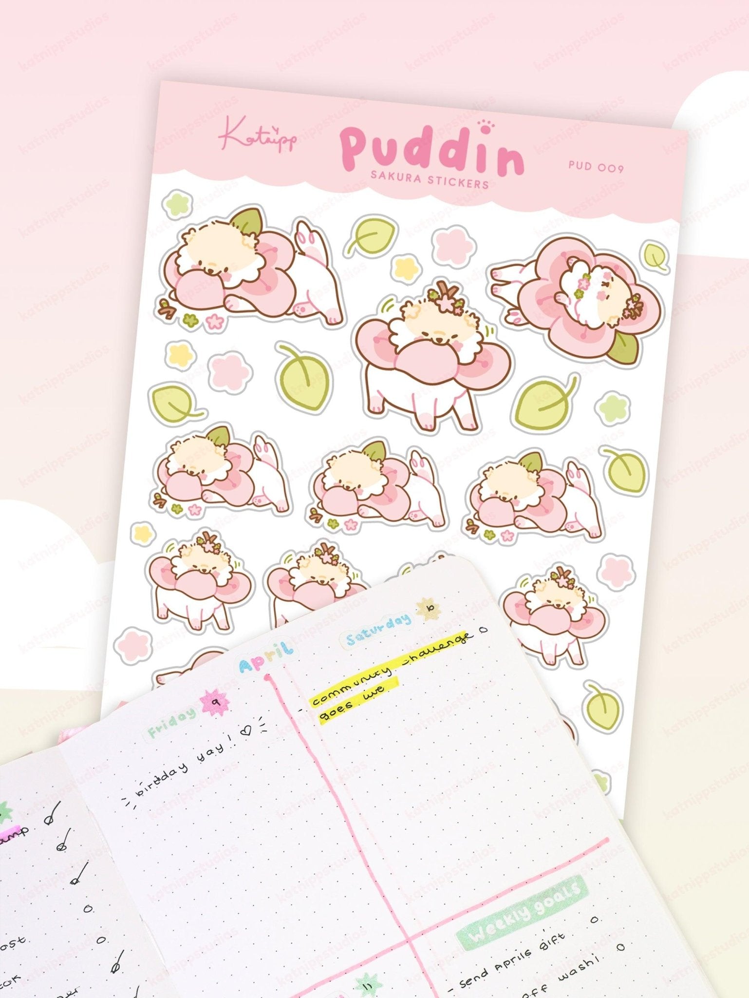 Puddin Sakura A6 Planner Sticker Sheet | Cute Kawaii Dog Journal Stickers | PUD009 Katnipp character product
