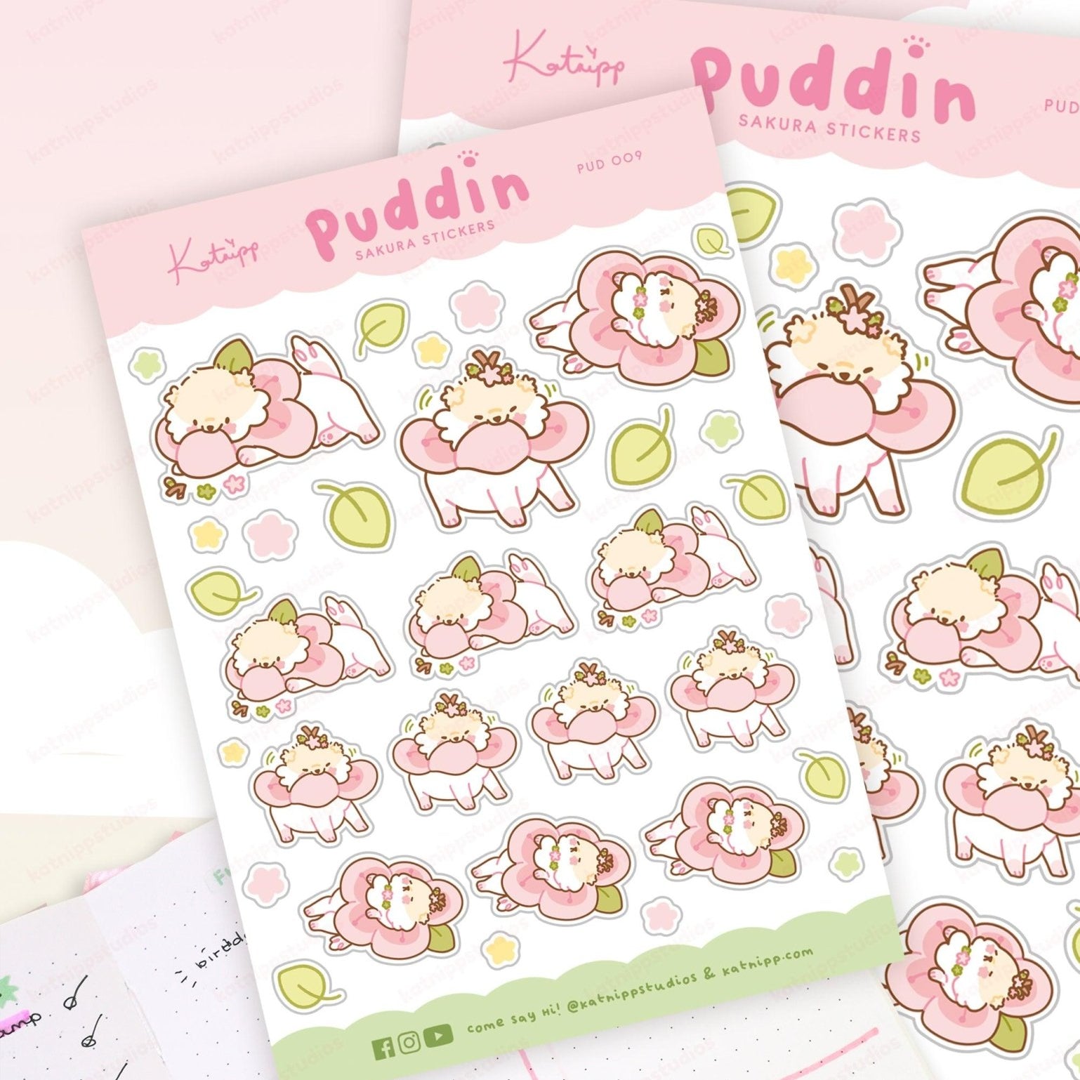 Puddin Sakura A6 Planner Sticker Sheet | Cute Kawaii Dog Journal Stickers | PUD009 Katnipp character product
