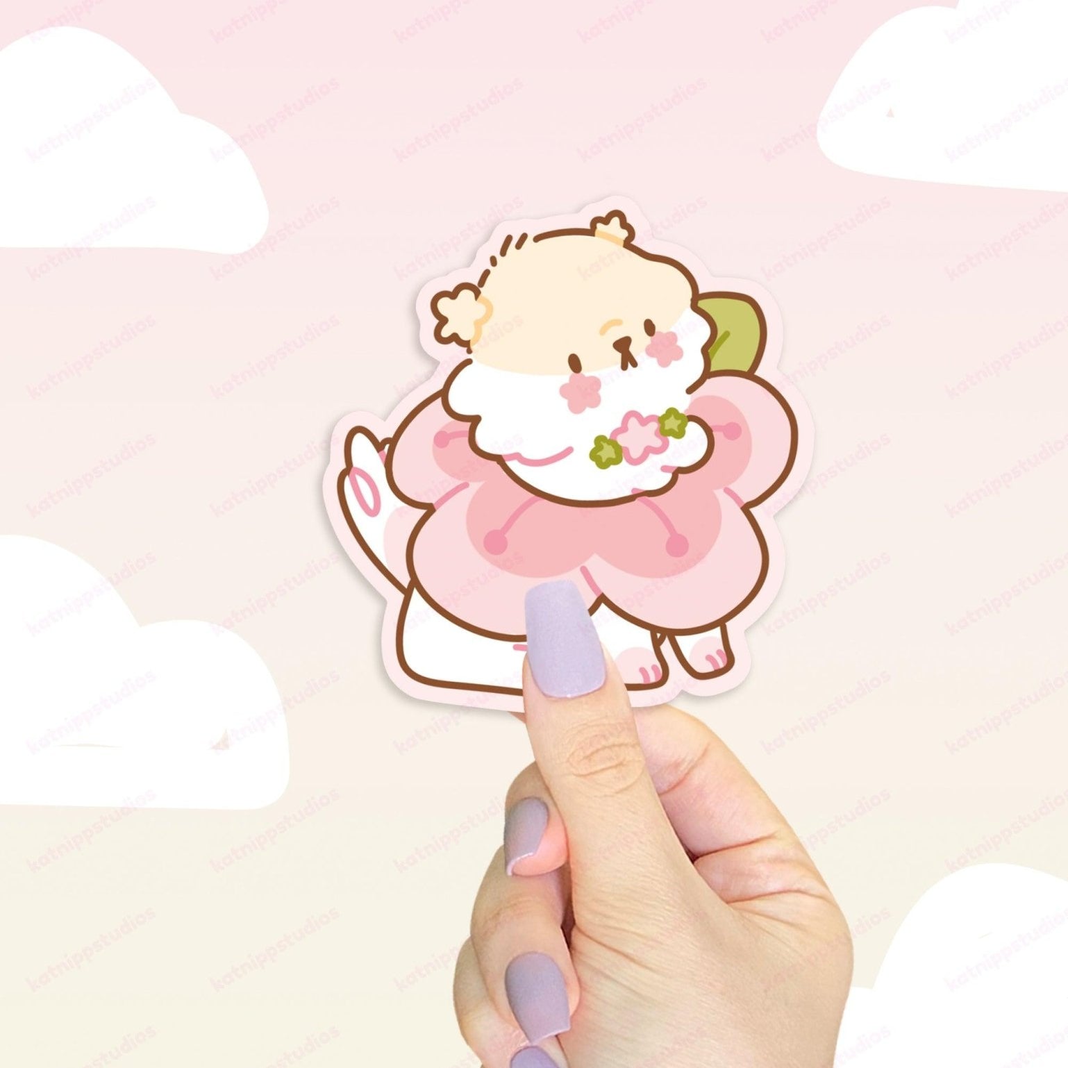 Puddin Sakura Die-Cut Vinyl Sticker | Cute Kawaii Dog Cherry Blossom Sticker Katnipp character product