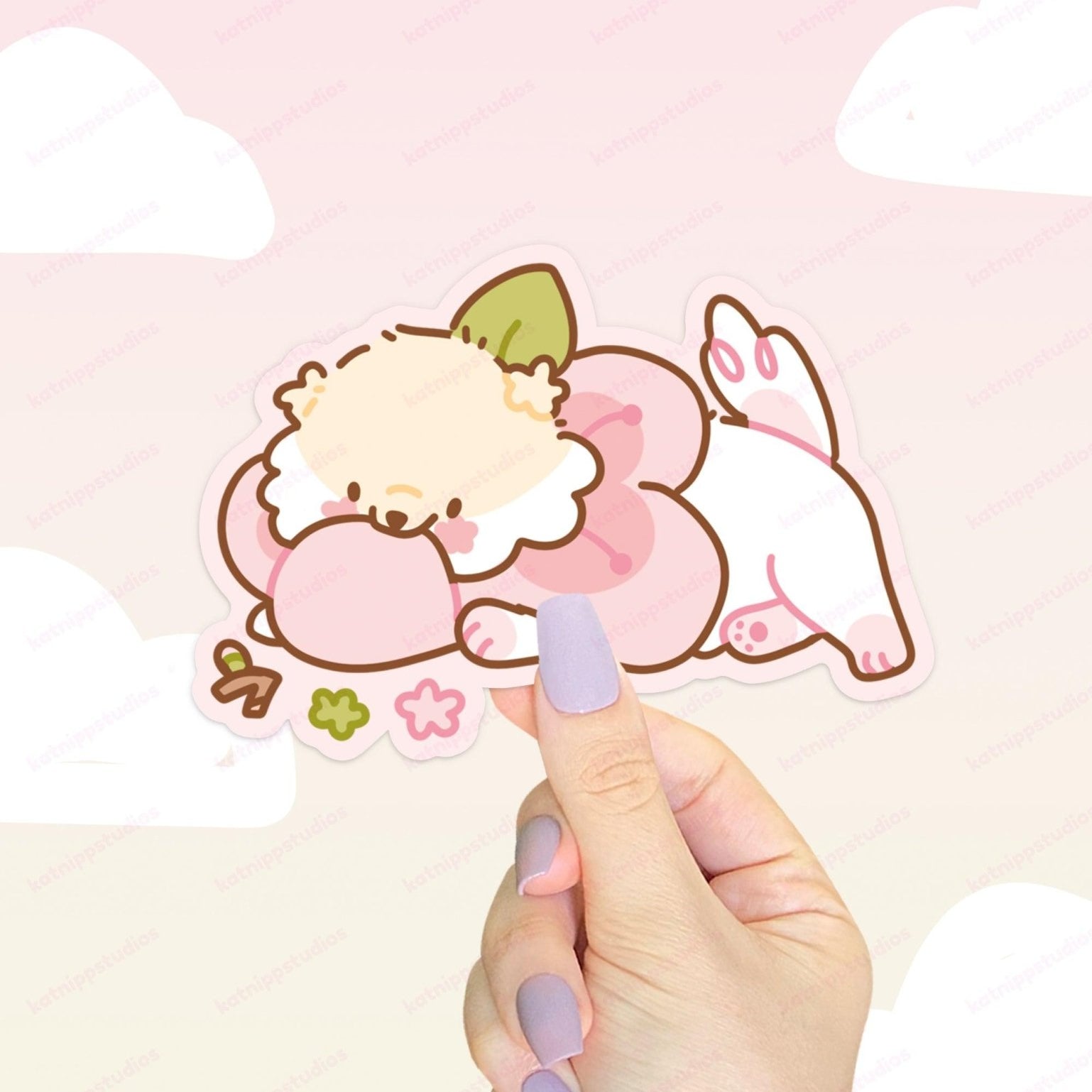 Puddin Sakura Die-Cut Vinyl Sticker | Cute Kawaii Sleeping Dog Cherry Blossom Sticker Katnipp character product