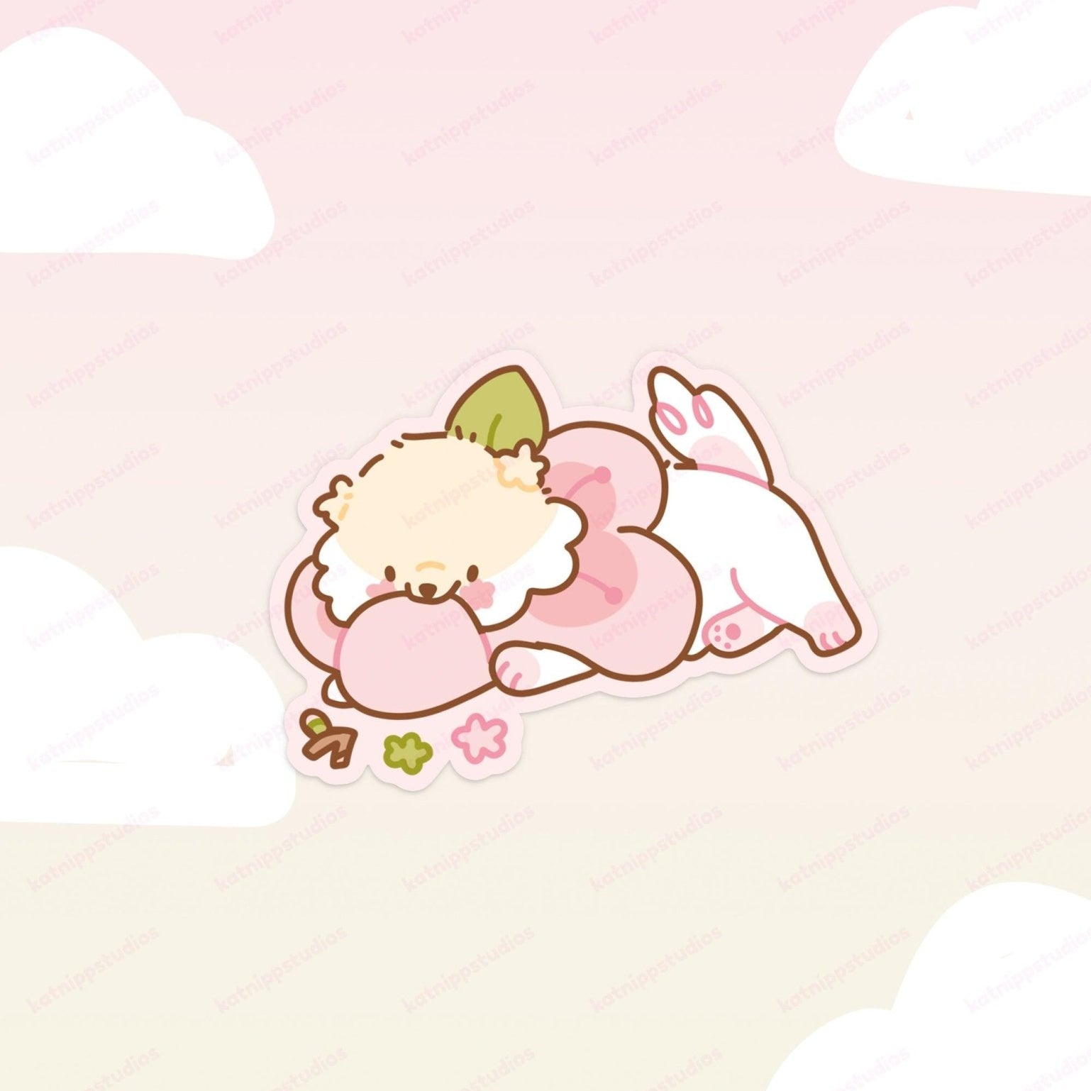 Puddin Sakura Die-Cut Vinyl Sticker | Cute Kawaii Sleeping Dog Cherry Blossom Sticker Katnipp character product