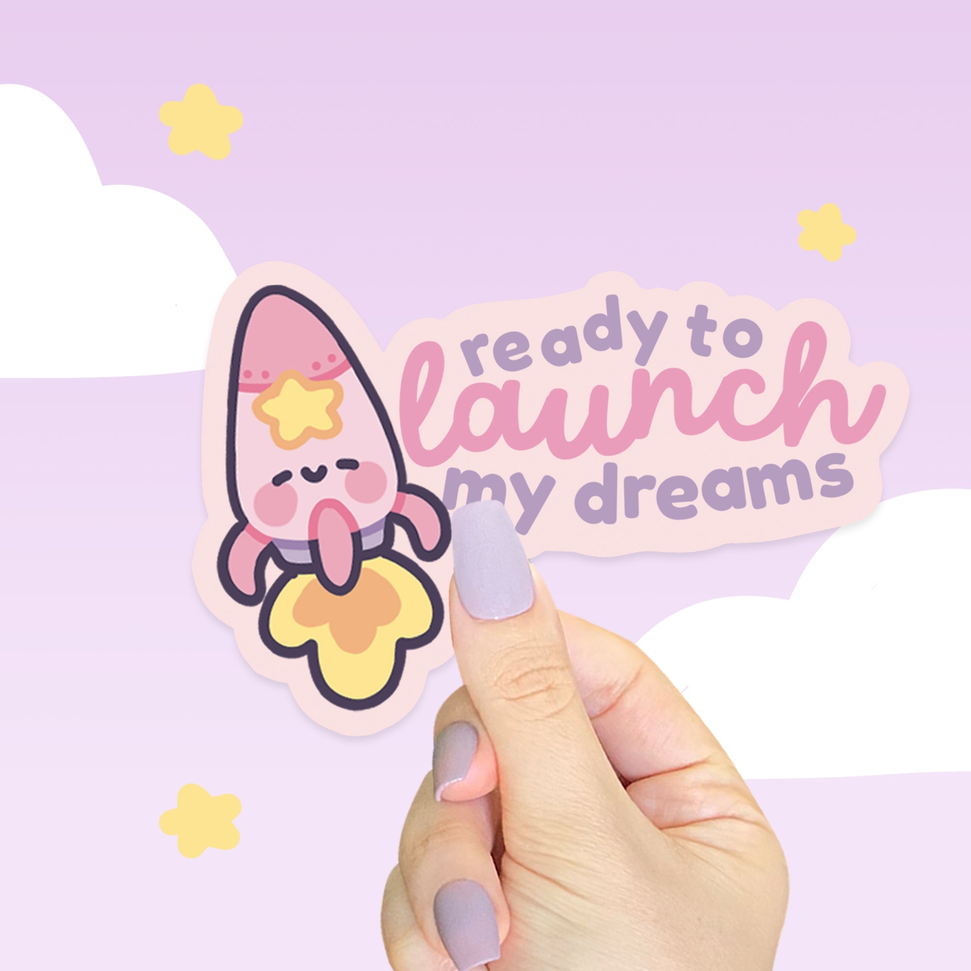 Rocketto “Ready to Launch My Dreams” Die Cut Sticker | Cute Kawaii Space Character Katnipp character product