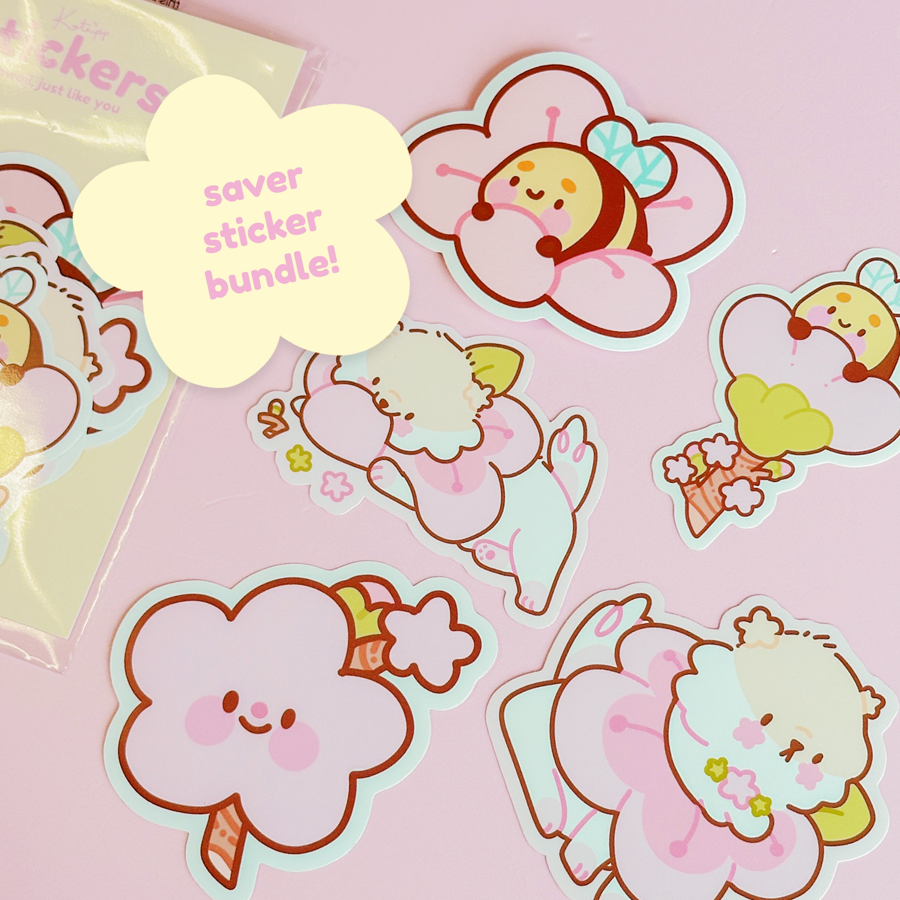 Sakura Blossom & Characters Die Cut Sticker Bundle - Kawaii Floral Designs - Katnipp Studios