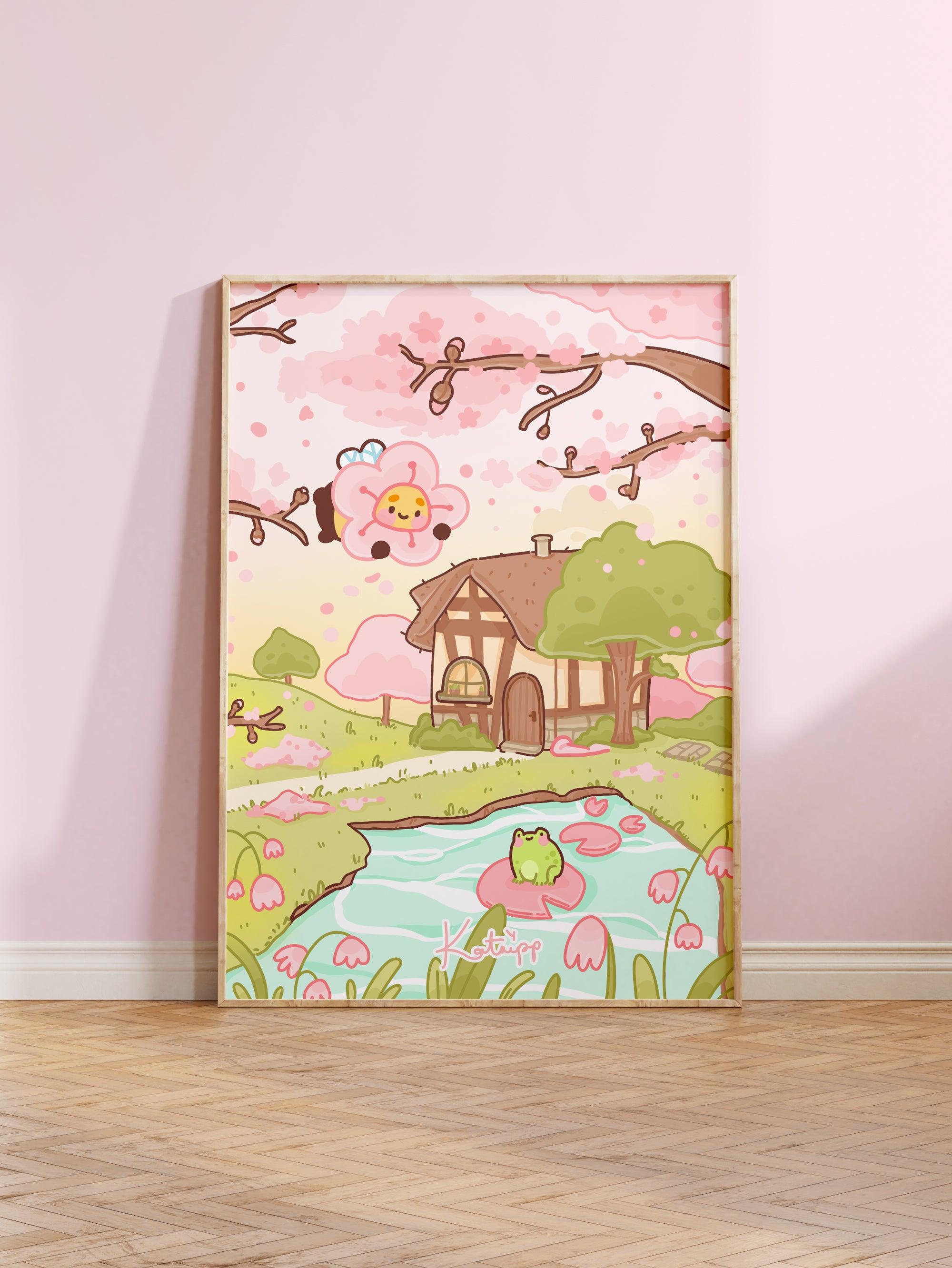 Sakura Cherry Blossom Scene with Bumblebutt & Froggo Art Print - Katnipp Studios