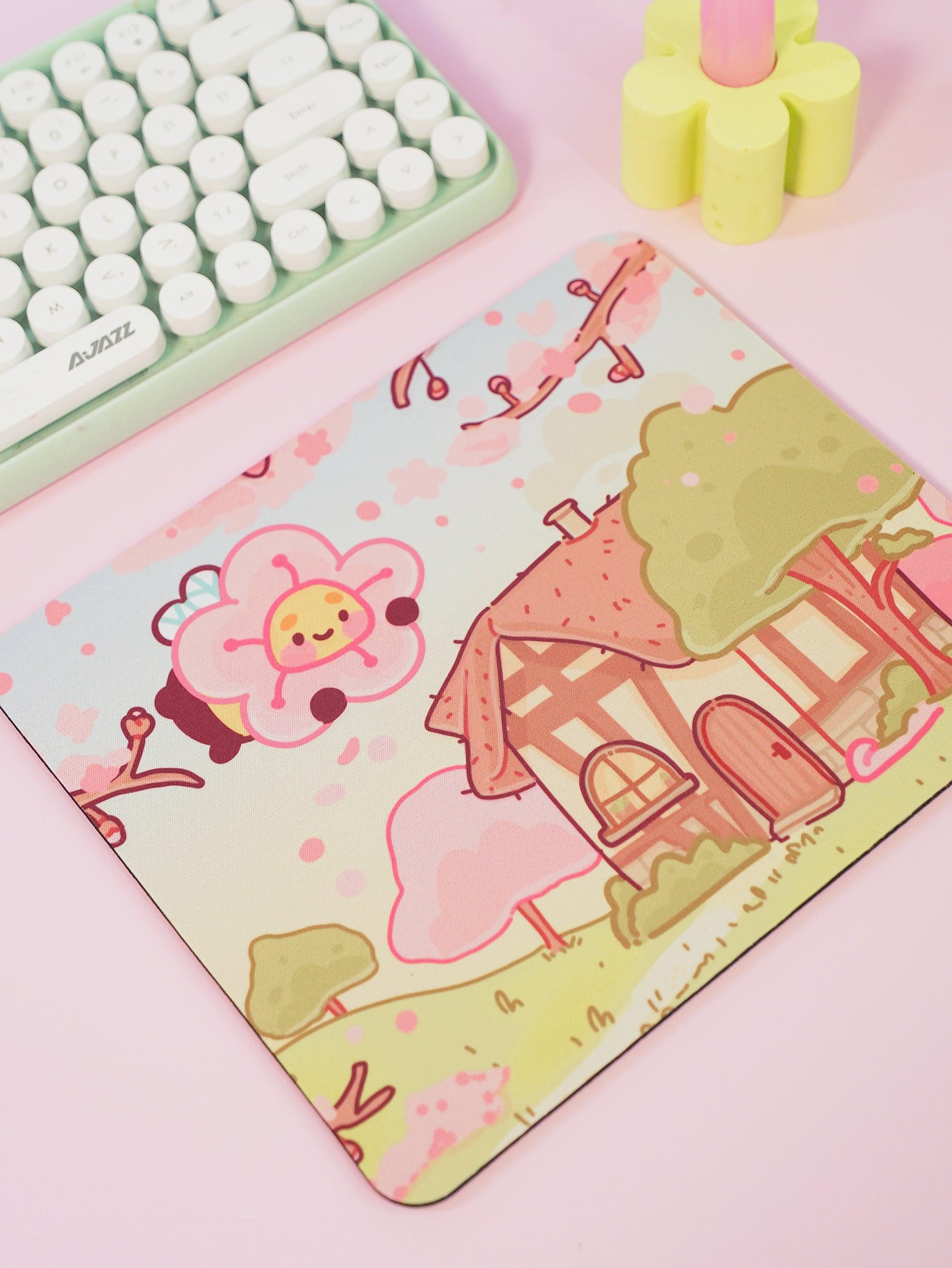 Sakura Scene Cherry Blossom Mouse Pad With Bumblebutt - Katnipp Studios