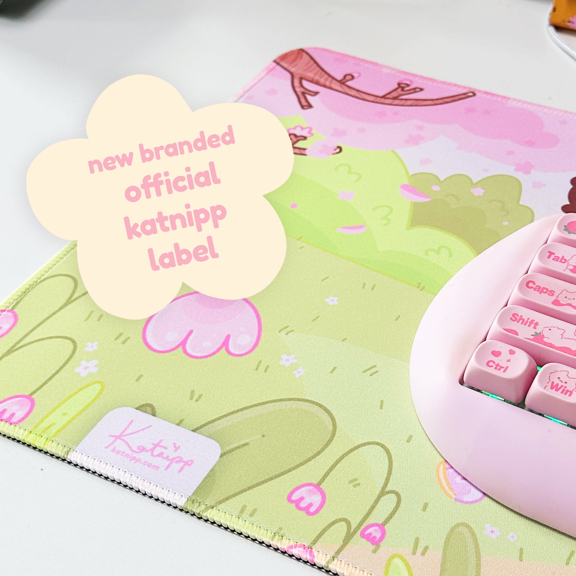 Sakura Scene Gaming Desk Pad | Cottagecore Cherry Blossom Decor | Bumblebutt & Froggo Kawaii Mat - Katnipp Studios