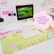 Sakura Scene Gaming Desk Pad | Cottagecore Cherry Blossom Decor | Bumblebutt & Froggo Kawaii Mat - Katnipp Studios