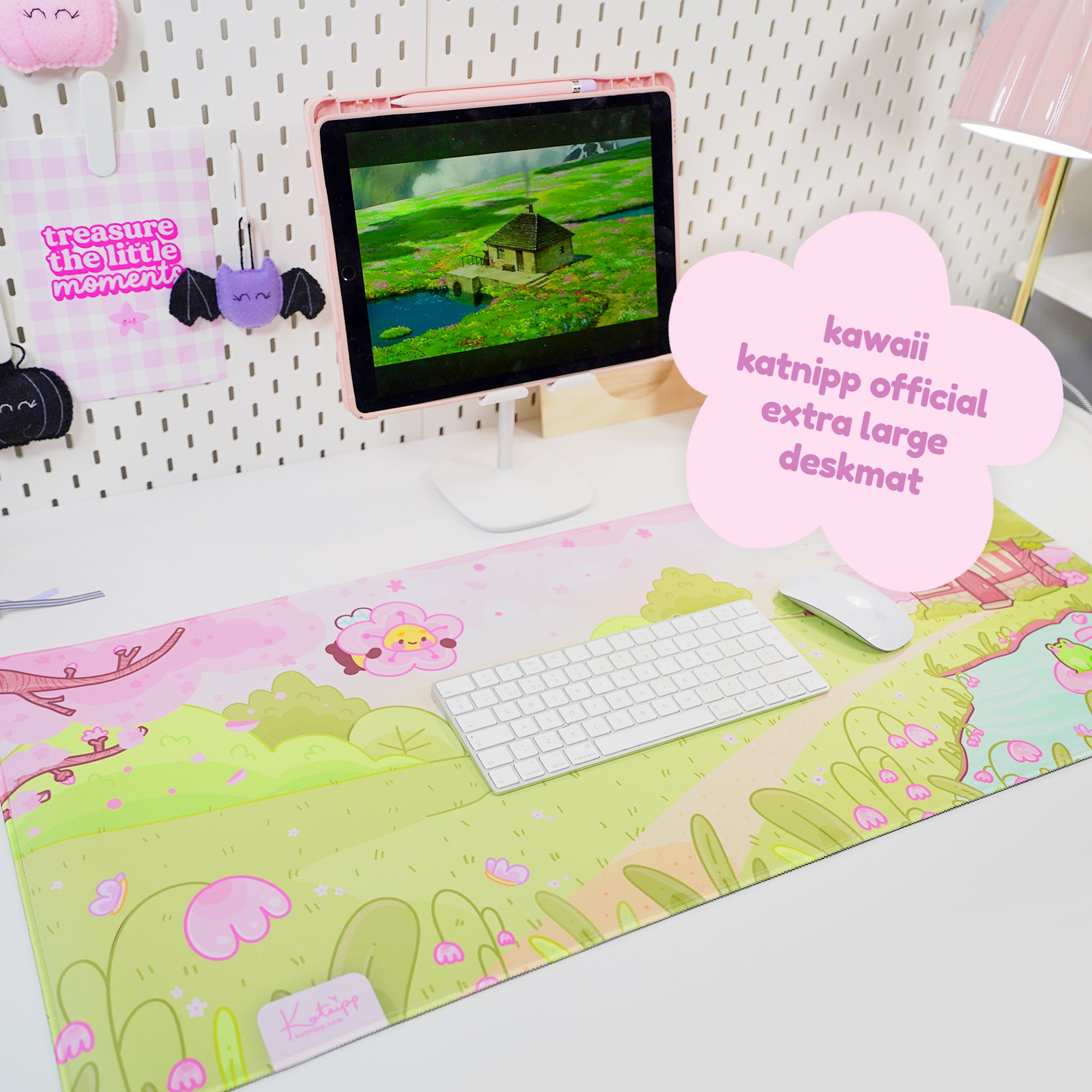 Sakura Scene Gaming Desk Pad | Cottagecore Cherry Blossom Decor | Bumblebutt & Froggo Kawaii Mat - Katnipp Studios