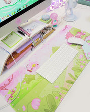 Sakura Scene Gaming Desk Pad | Cottagecore Cherry Blossom Decor | Bumblebutt & Froggo Kawaii Mat - Katnipp Studios