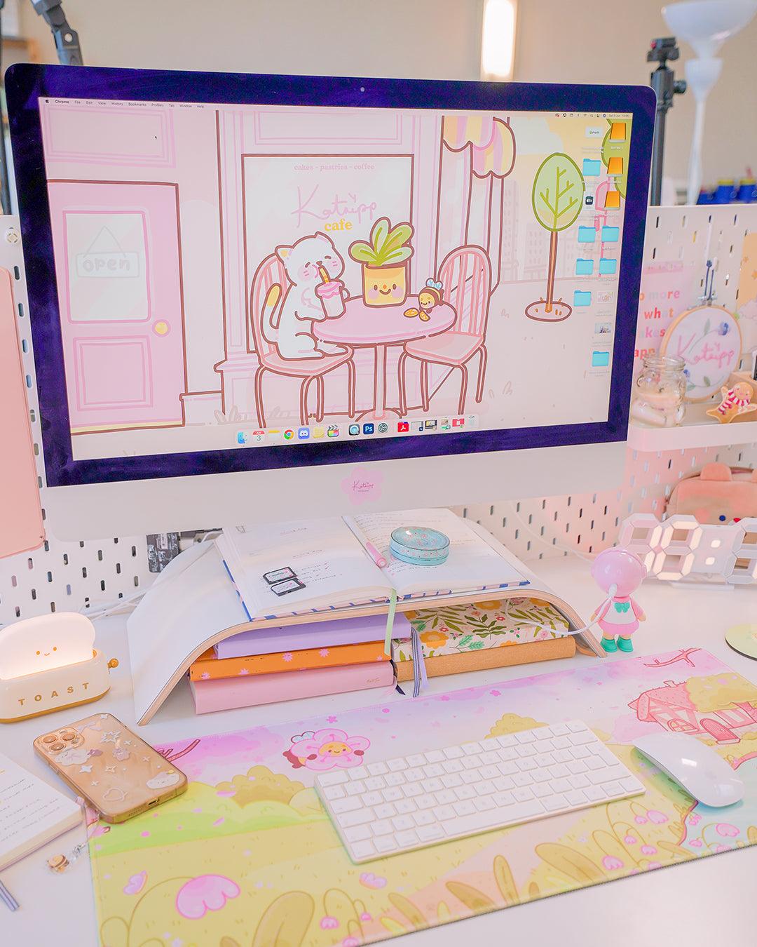 Sakura Scene Gaming Desk Pad | Cottagecore Cherry Blossom Decor | Bumblebutt & Froggo Kawaii Mat - Katnipp Studios