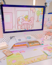 Sakura Scene Gaming Desk Pad | Cottagecore Cherry Blossom Decor | Bumblebutt & Froggo Kawaii Mat - Katnipp Studios