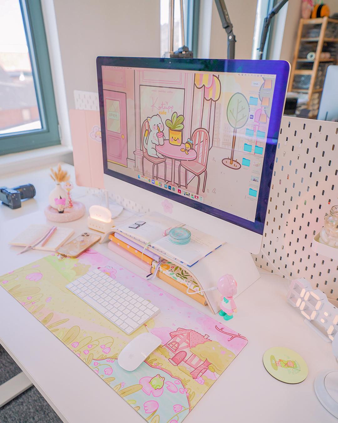 Sakura Scene Gaming Desk Pad | Cottagecore Cherry Blossom Decor | Bumblebutt & Froggo Kawaii Mat - Katnipp Studios