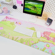 Sakura Scene Gaming Desk Pad | Cottagecore Cherry Blossom Decor | Bumblebutt & Froggo Kawaii Mat - Katnipp Studios