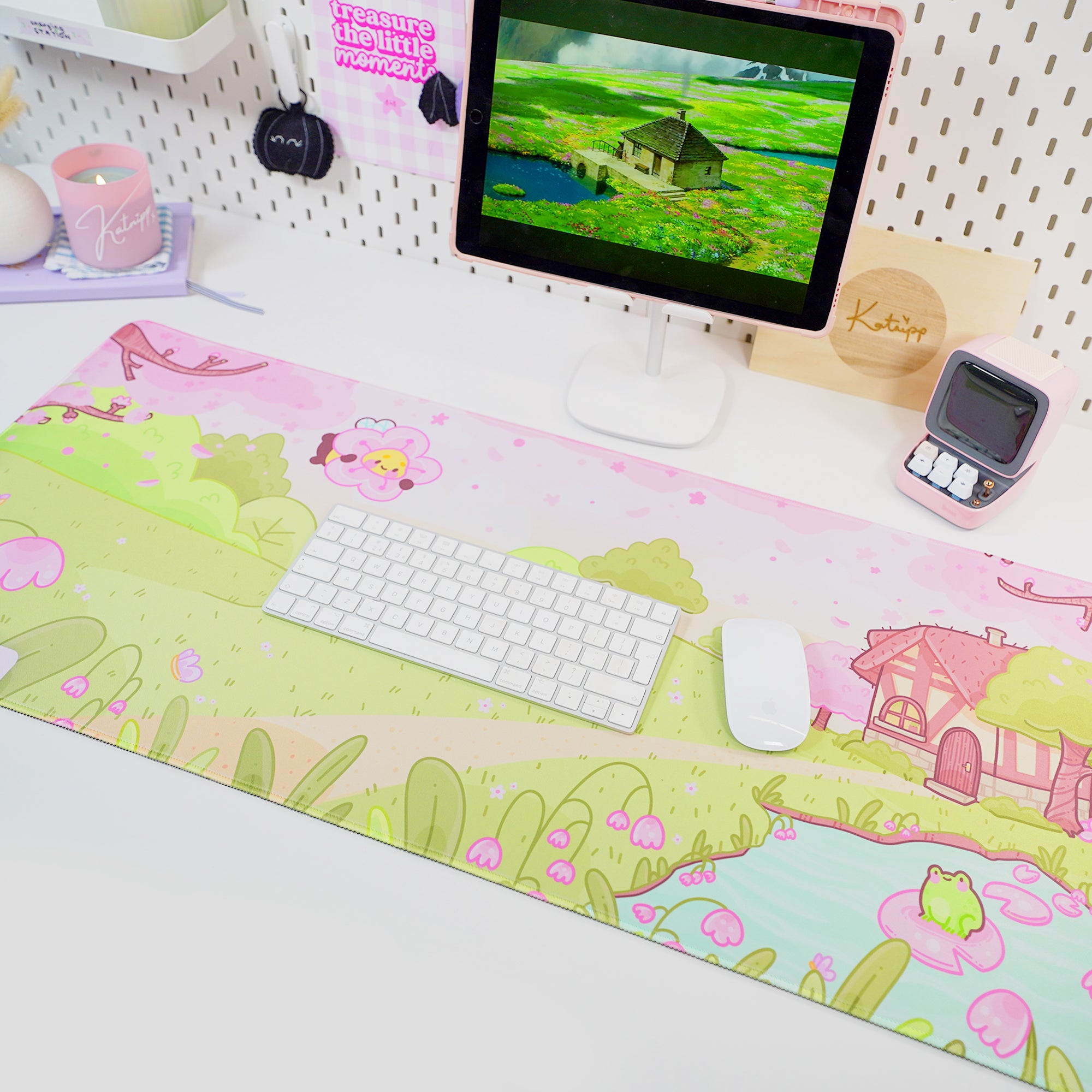 Sakura Scene Gaming Desk Pad | Cottagecore Cherry Blossom Decor | Bumblebutt & Froggo Kawaii Mat - Katnipp Studios